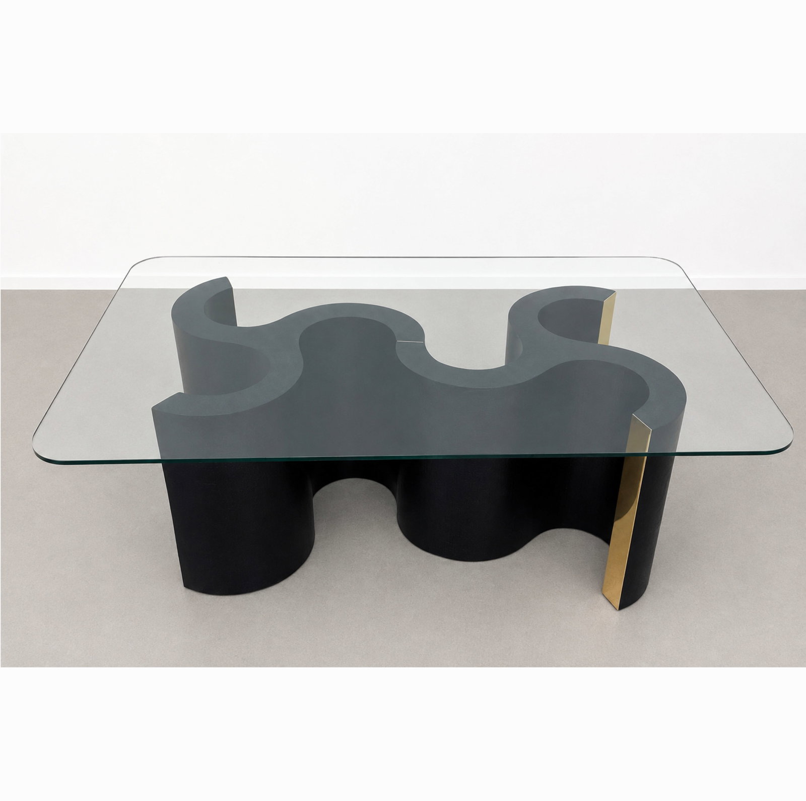 Vintage Post Modern Coffee Table. 2 Pedestals bases of grass cloth having metal strips supporting Re: Vintage Post Modern Coffee Table. 2 Pedestals bases of grass cloth having metal strips supporting Rectangular Glass Top. Dimensions: Height: 16.25 inches, Width: 47 inches, Depth: 29.5 inches. ---