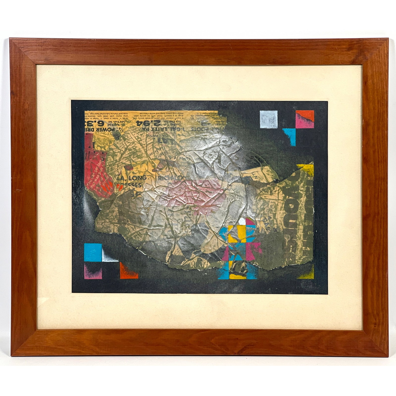 Taro Ichihashi mixed media collage on canvas board. Abstract composition: Taro Ichihashi mixed media collage on canvas board. Abstract composition Dimensions: Frame Height: 18.5 inches, Frame Width: 22.5 inches. - Image Size: Image Height: 11.25 inches, Image Width: 15.25