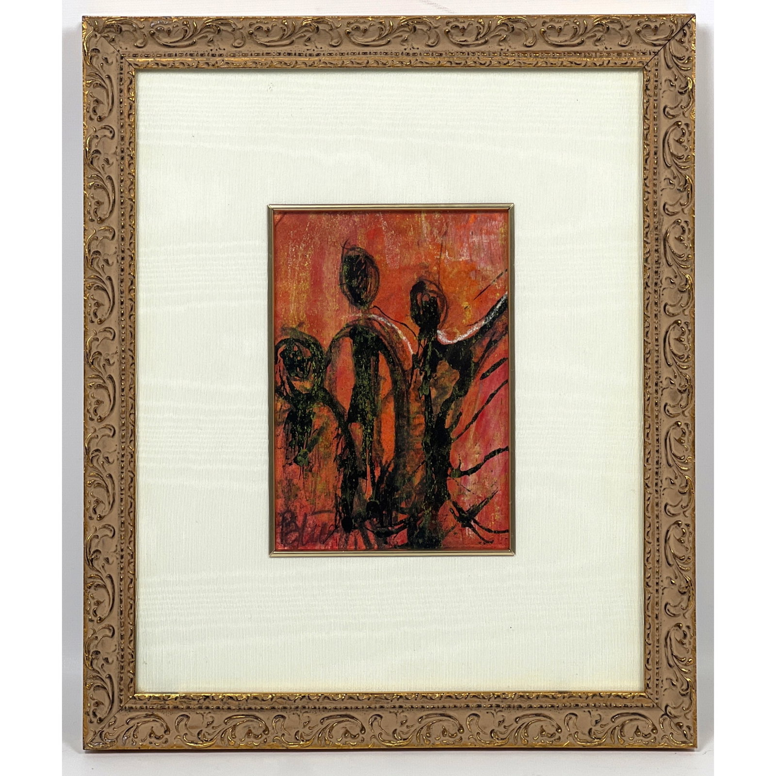 Abstract Modern Mixed Media Painting. Signed. Figures.: Abstract Modern Mixed Media Painting. Signed. Figures. Dimensions: Frame Height: 14.75 inches, Frame Width: 12.75 inches. - Image Size: Image Height: 7 inches, Image Width: 5 inches. --- US Packing