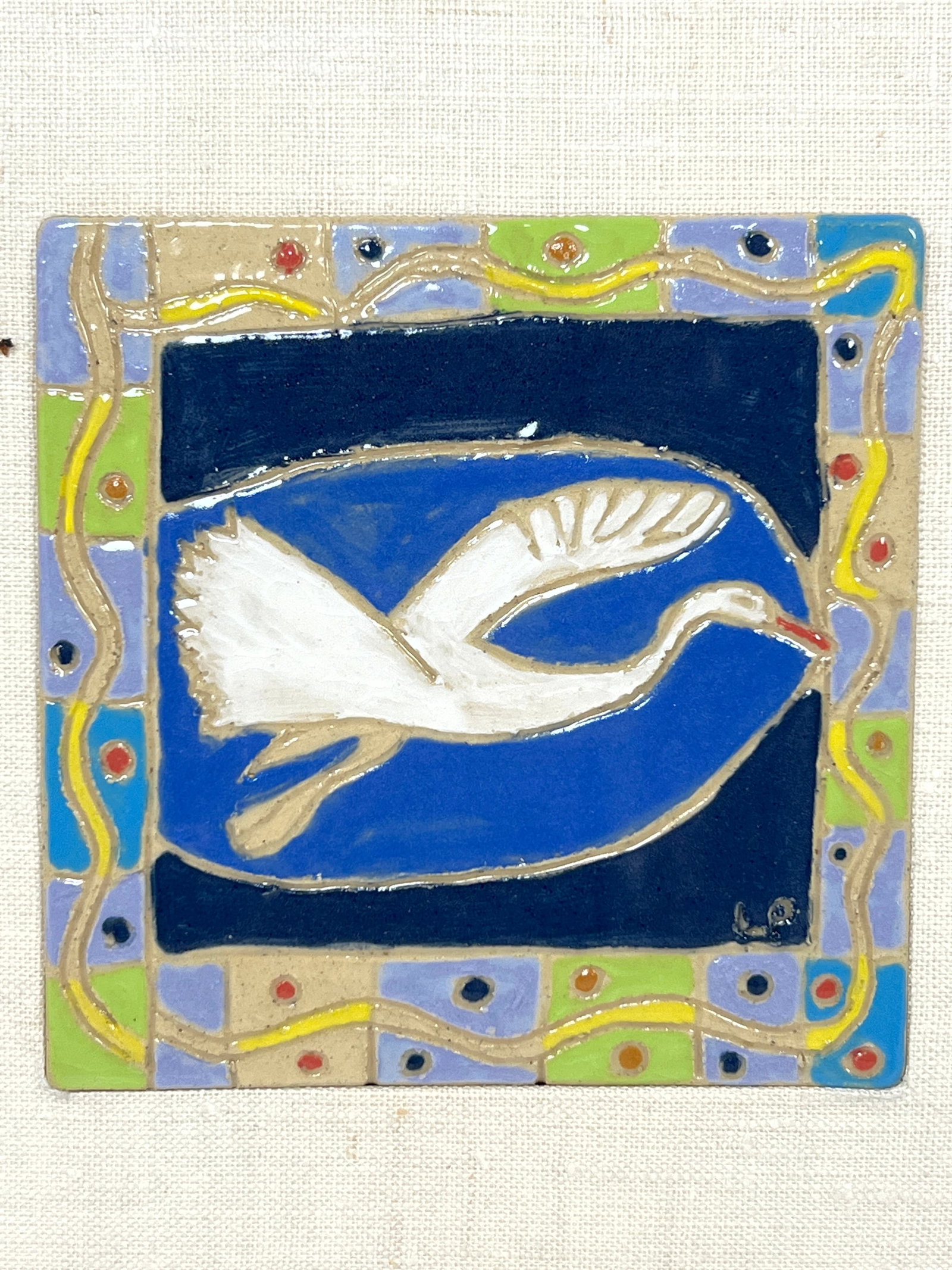 Framed Studio Pottery Ceramic Tile Triptic Wall Hanging - 2