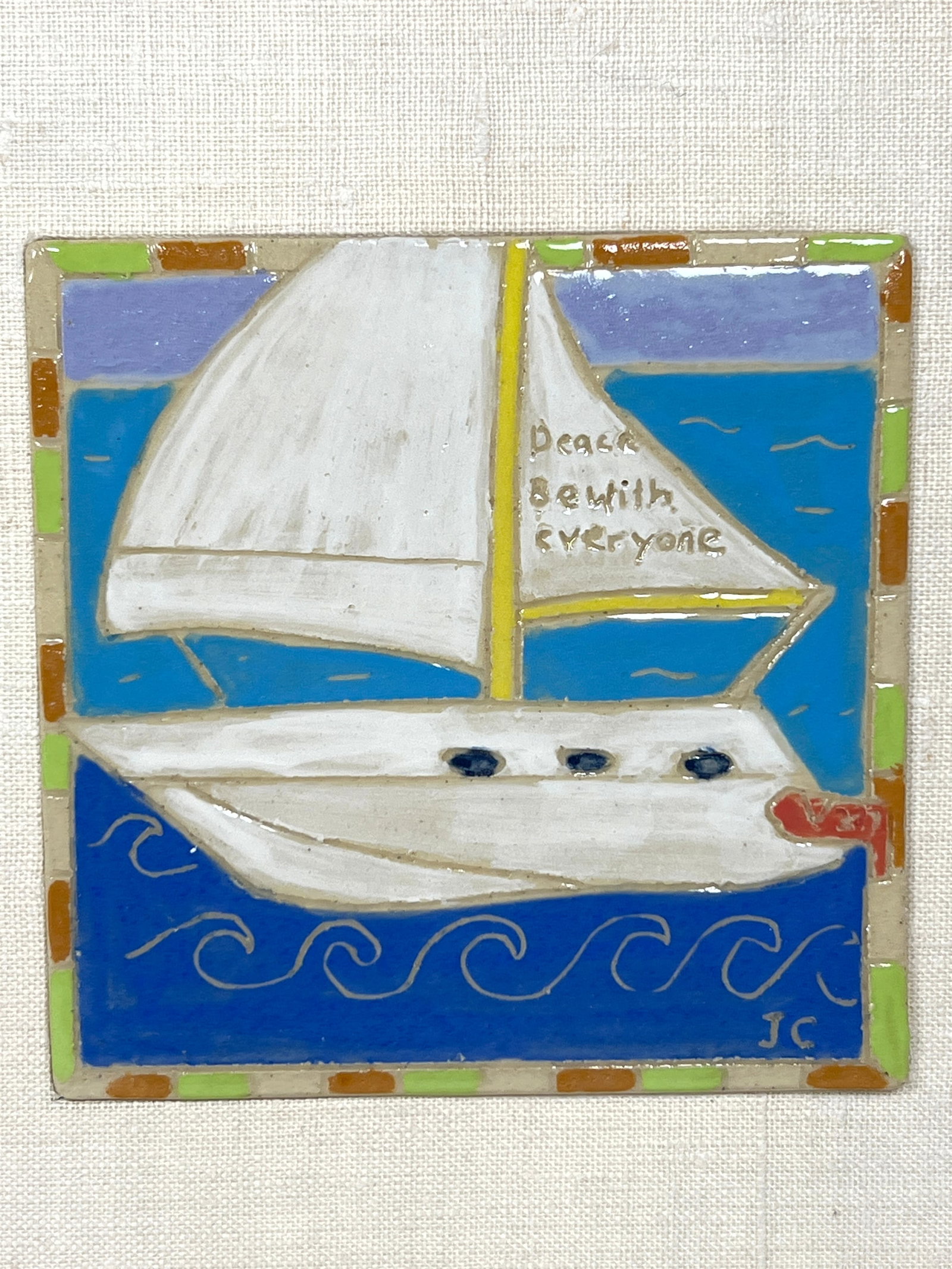 Framed Studio Pottery Ceramic Tile Triptic Wall Hanging - 4