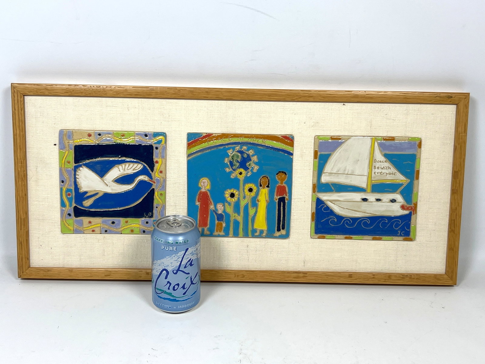 Framed Studio Pottery Ceramic Tile Triptic Wall Hanging - 6