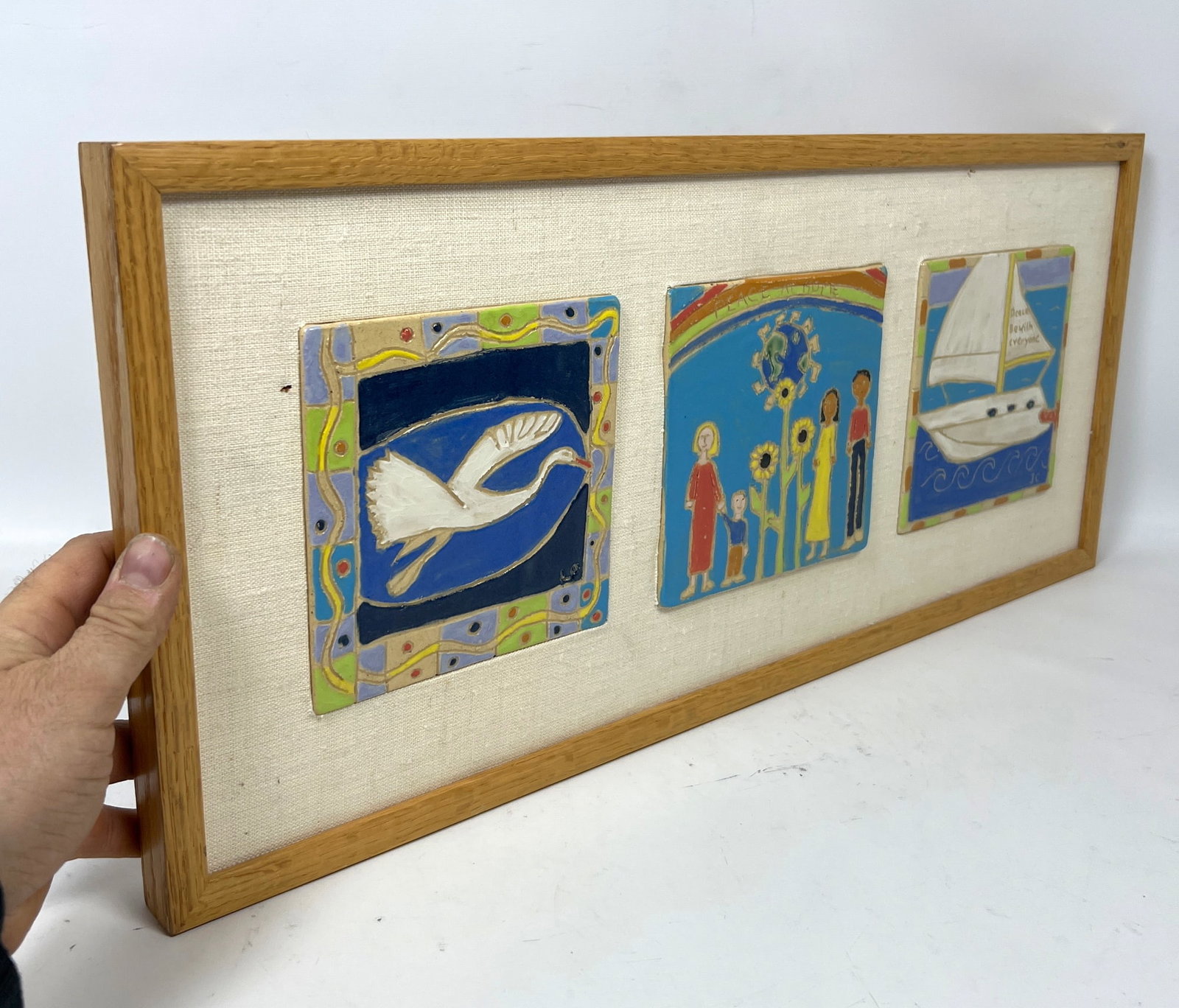 Framed Studio Pottery Ceramic Tile Triptic Wall Hanging - 7