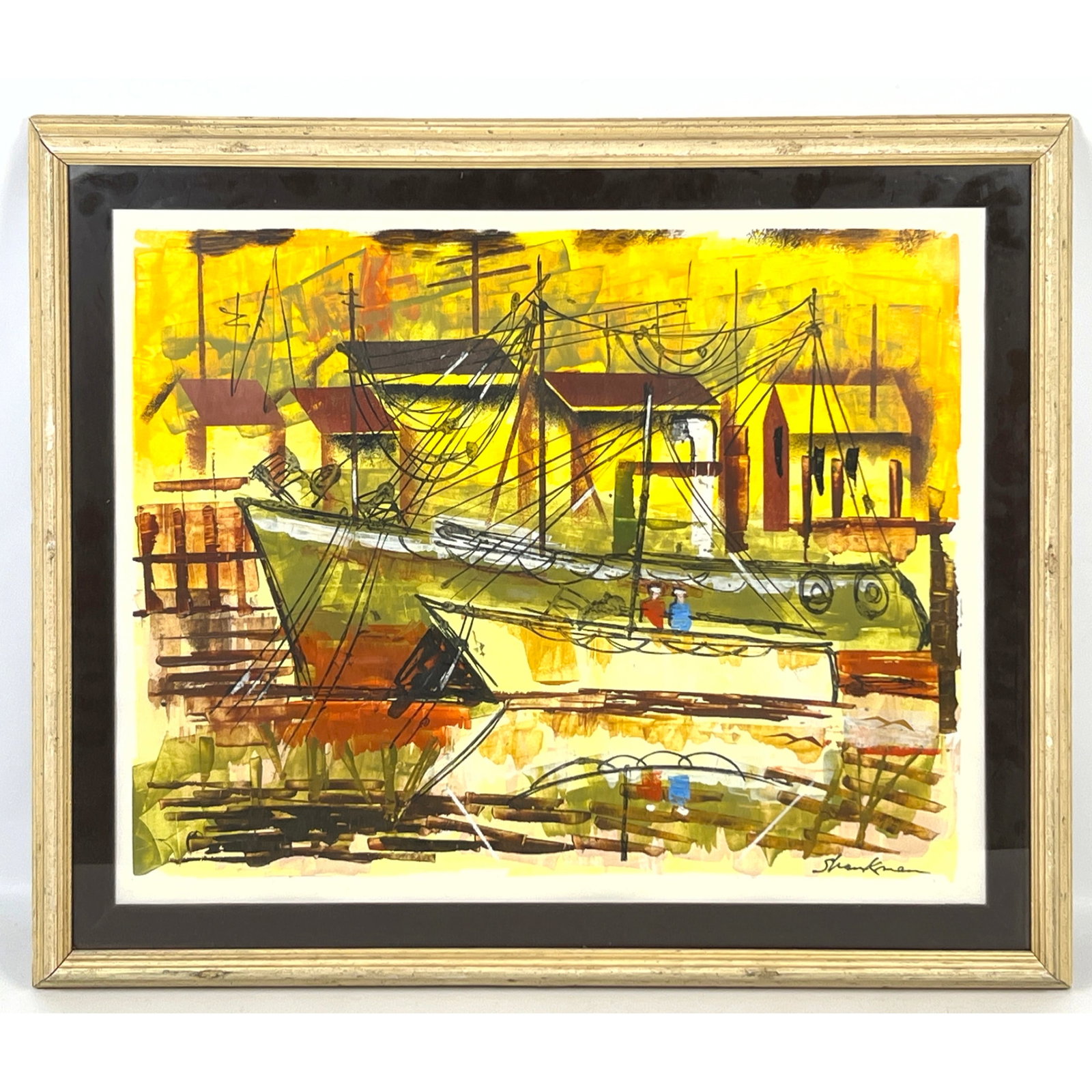 Shenkman modern Harbor scene watercolor. Buffet Style: Shenkman modern Harbor scene watercolor. Buffet Style Dimensions: Frame Height: 25 inches, Frame Width: 30.25 inches. - Image Size: Image Height: 19 inches, Image Width: 24 inches. ---