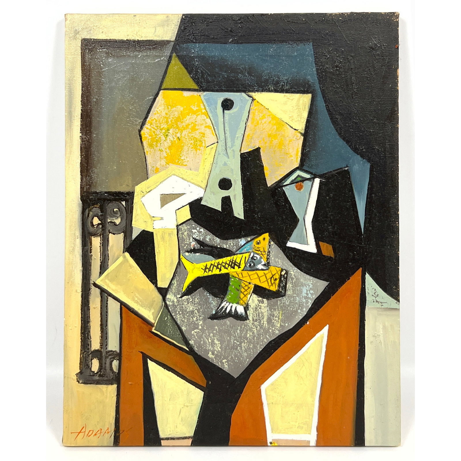 Adamos Cubist Still Life Painting on Canvas. Picasso Inspired.: Adamos Cubist Still Life Painting on Canvas. Picasso Inspired. Dimensions: Height: 16.25 inches, Width: 12 inches. --- US Packing and Shipping charge: In house shipping available. Will be calculated