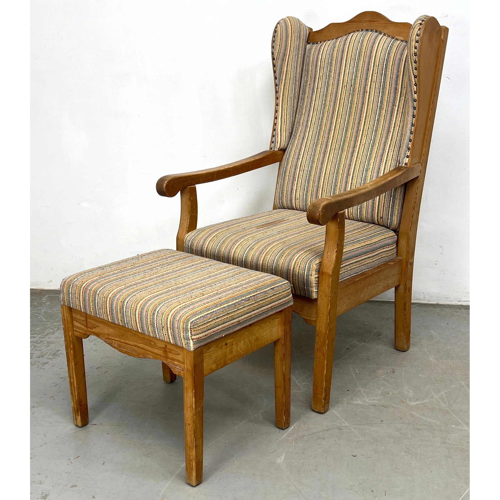 Axel Einar Hjorth Style, Swedish Modern Pine High Back Armchair and Ottoman.: Axel Einar Hjorth Style, Swedish Modern Pine High Back Armchair and Ottoman. Dimensions: Height: 46.5 inches, Width: 24.5 inches, Depth: 29 inches. - Seat Height: 18 inches - Additional Dimensions: