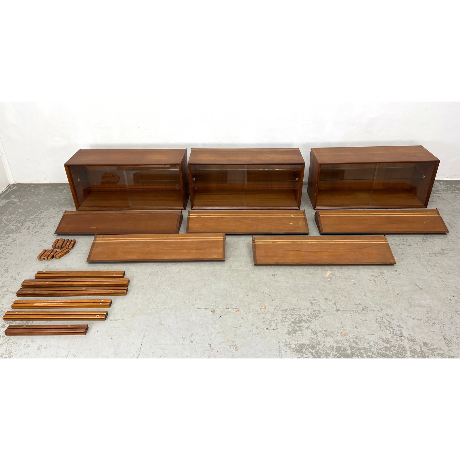 Mid Century Modern Norway Wall Mount Cabinets and Shelves. 3 sliding glass door cabinets, 5 Shelves, (1 of 20)