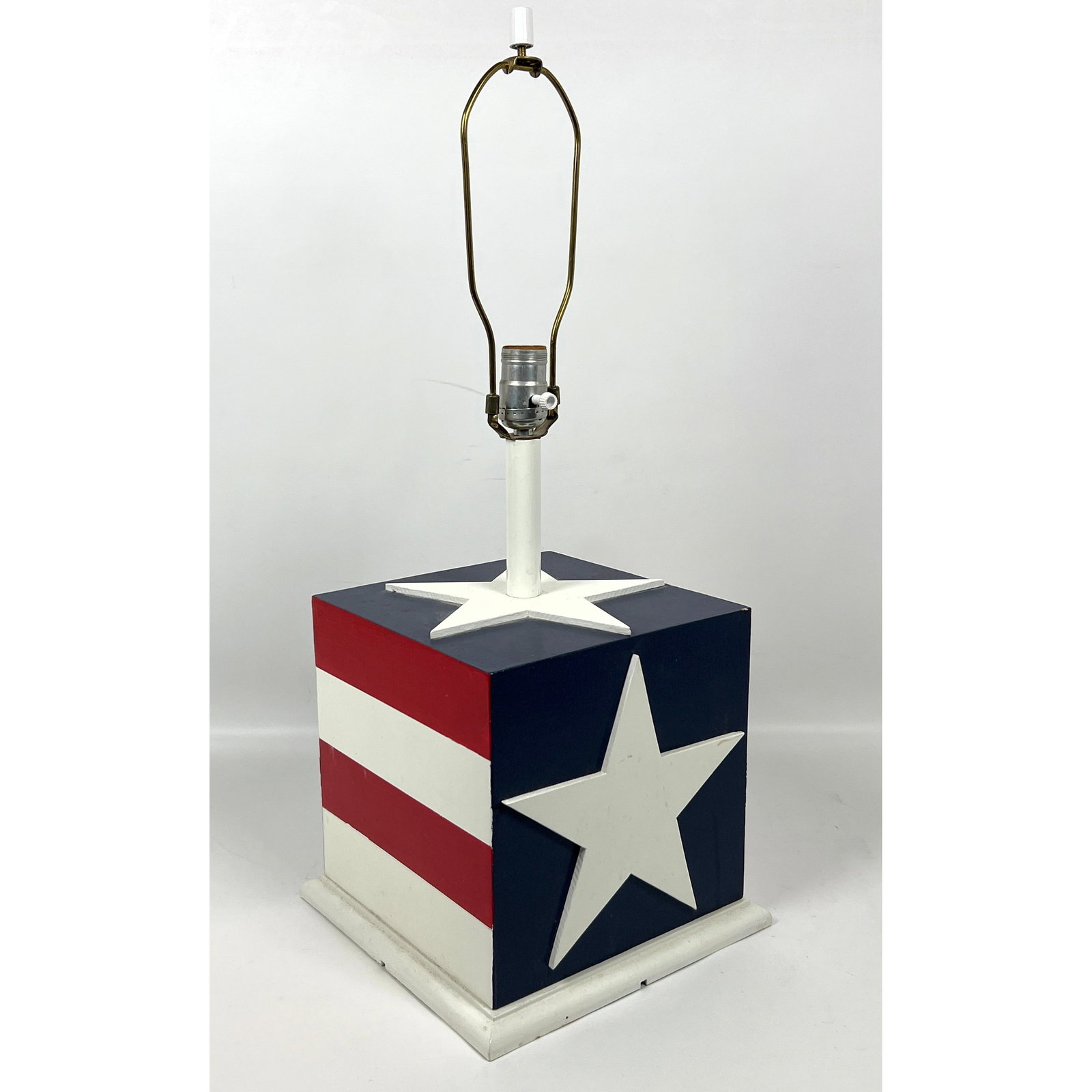 70s Artisan Painted Wood Red White and Blue American Flag Lamp, Pop Art Style Table Lamp. (1 of 9)