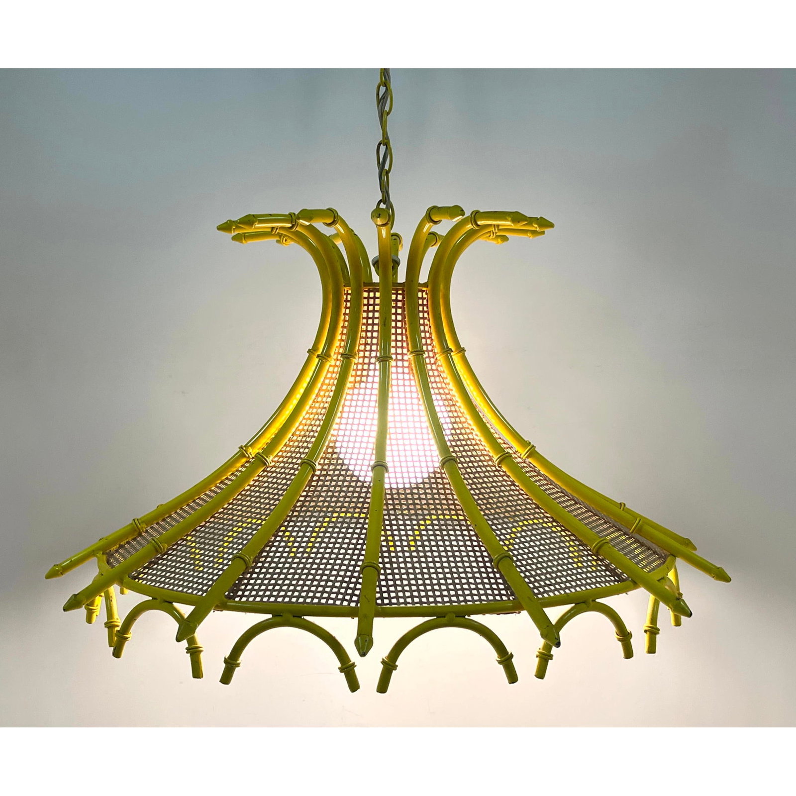 Mid Century Modern Yellow Faux Bamboo Mesh Metal Chandelier Pendant Lamp. (1 of 12)