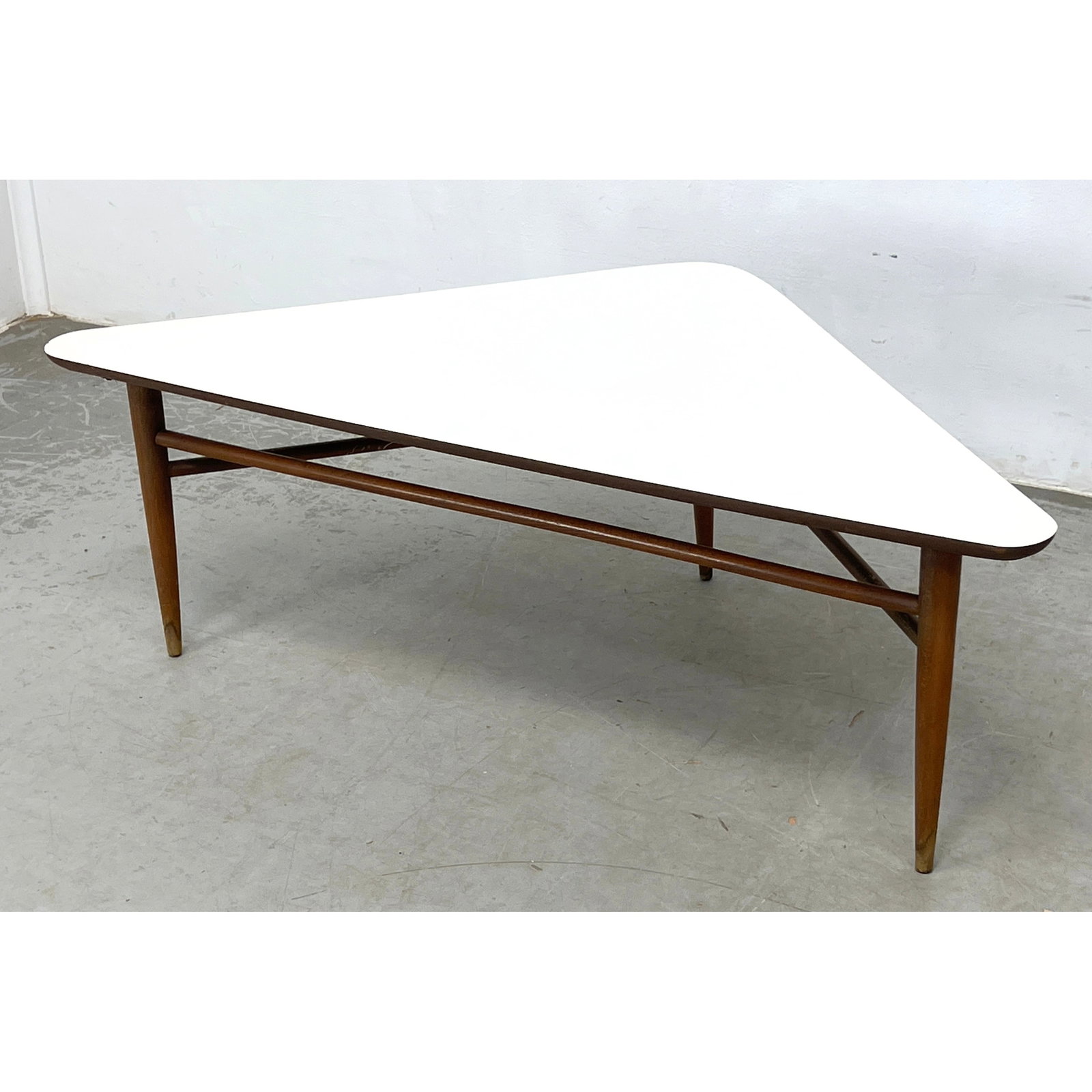 Mid Century Modern Walnut and White Laminate Triangle Coffee Table. (1 of 9)