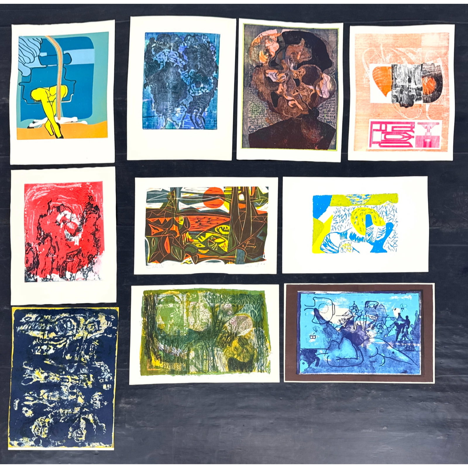 Collection of ten mid-century modern abstract prints includes various graphic techniques such as col (1 of 20)