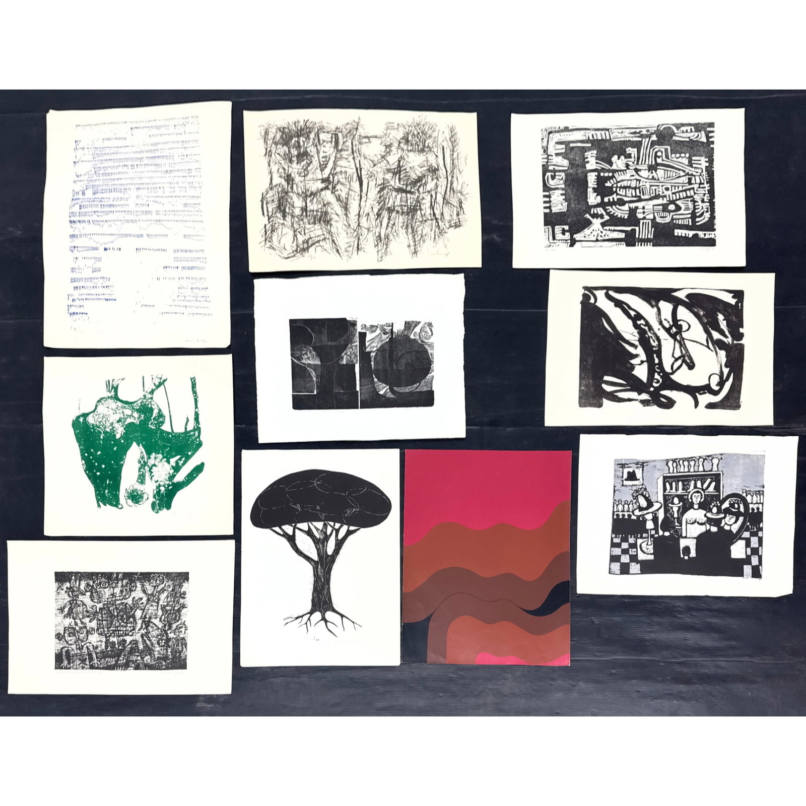 Ten original modernist prints on various off-white and white paper stocks, primarily dating from the: Ten original modernist prints on various off-white and white paper stocks, primarily dating from the 1960s and 1970s. The collection showcases a variety of printmaking techniques including woodcuts, l
