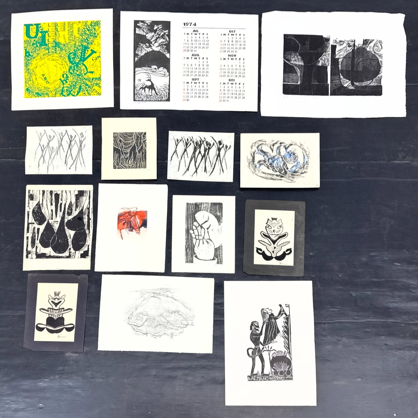 14pc Modern and contemporary works on paper and prints executed in techniques including woodcut, lin: 14pc Modern and contemporary works on paper and prints executed in techniques including woodcut, linocut, etching, aquatint, screenprint, and offset lithography. The collection includes international 