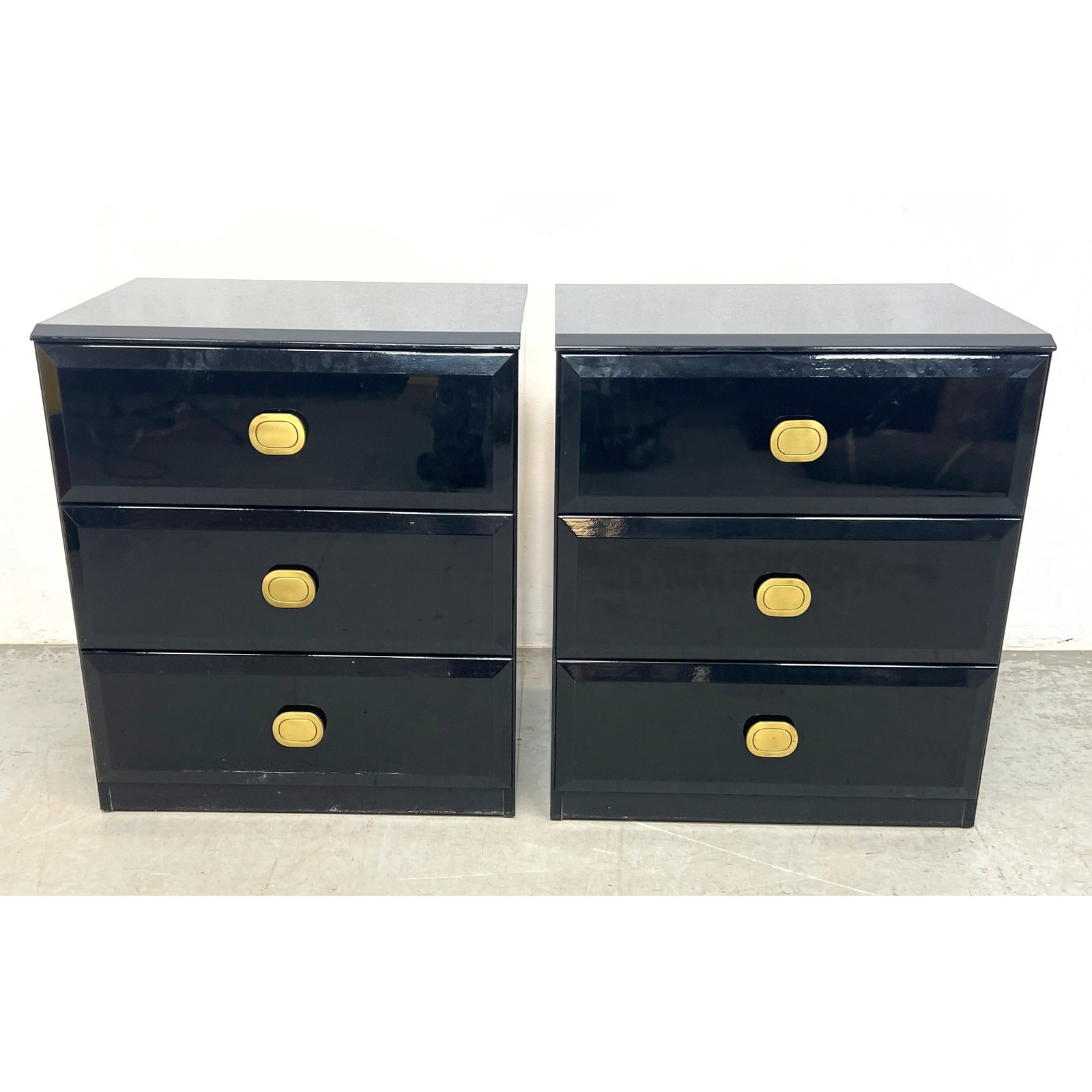 Pair Lane Lacquer 3 Drawer Side Cabinets. Brass Handles. Black Lacquer. (1 of 13)