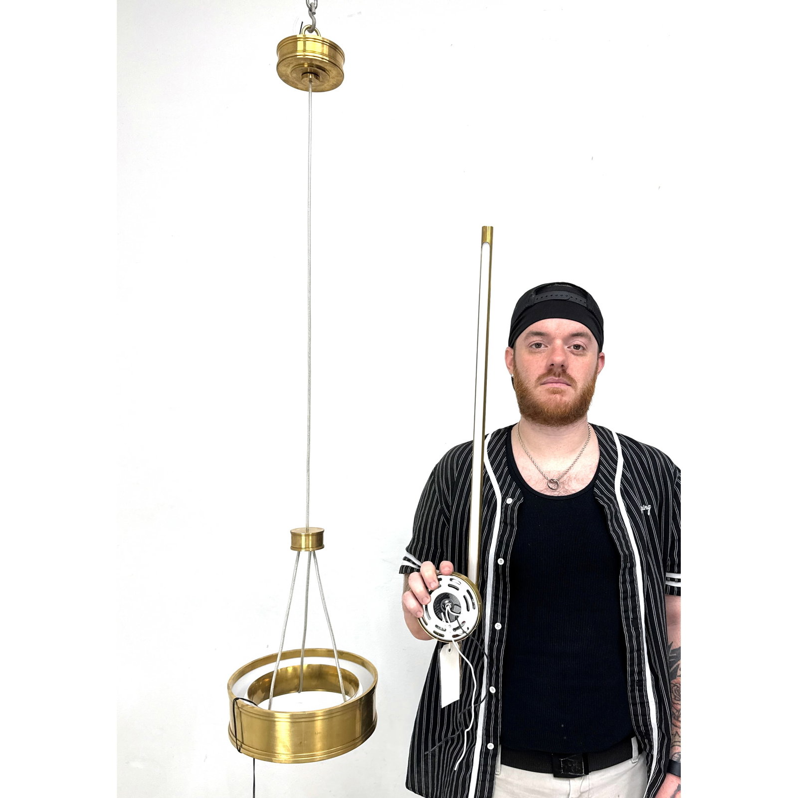 2pcs Visual Comfort and Co. Lighting. Chapman and Myers Connery 10-inch ring pendant, featuring a br: 2pcs Visual Comfort and Co. Lighting. Chapman and Myers Connery 10-inch ring pendant, featuring a brass-toned metal construction with concentric rings housing integrated white LED diffusers. Kelly