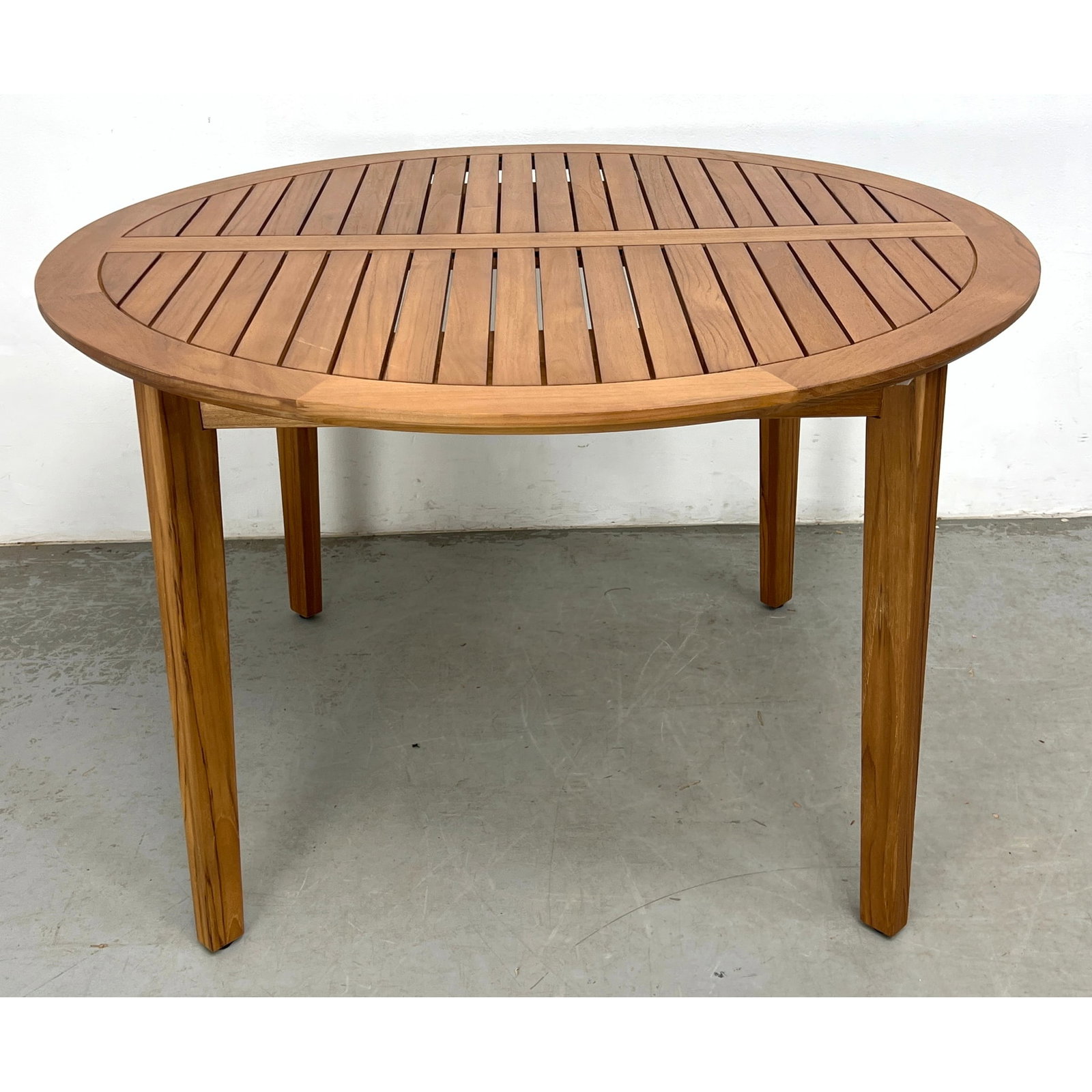 Teak Outdoor Garden Patio Dining Table. Rounded Banded Form with Teak Slat Top. Tapered Teak Legs. A (1 of 10)