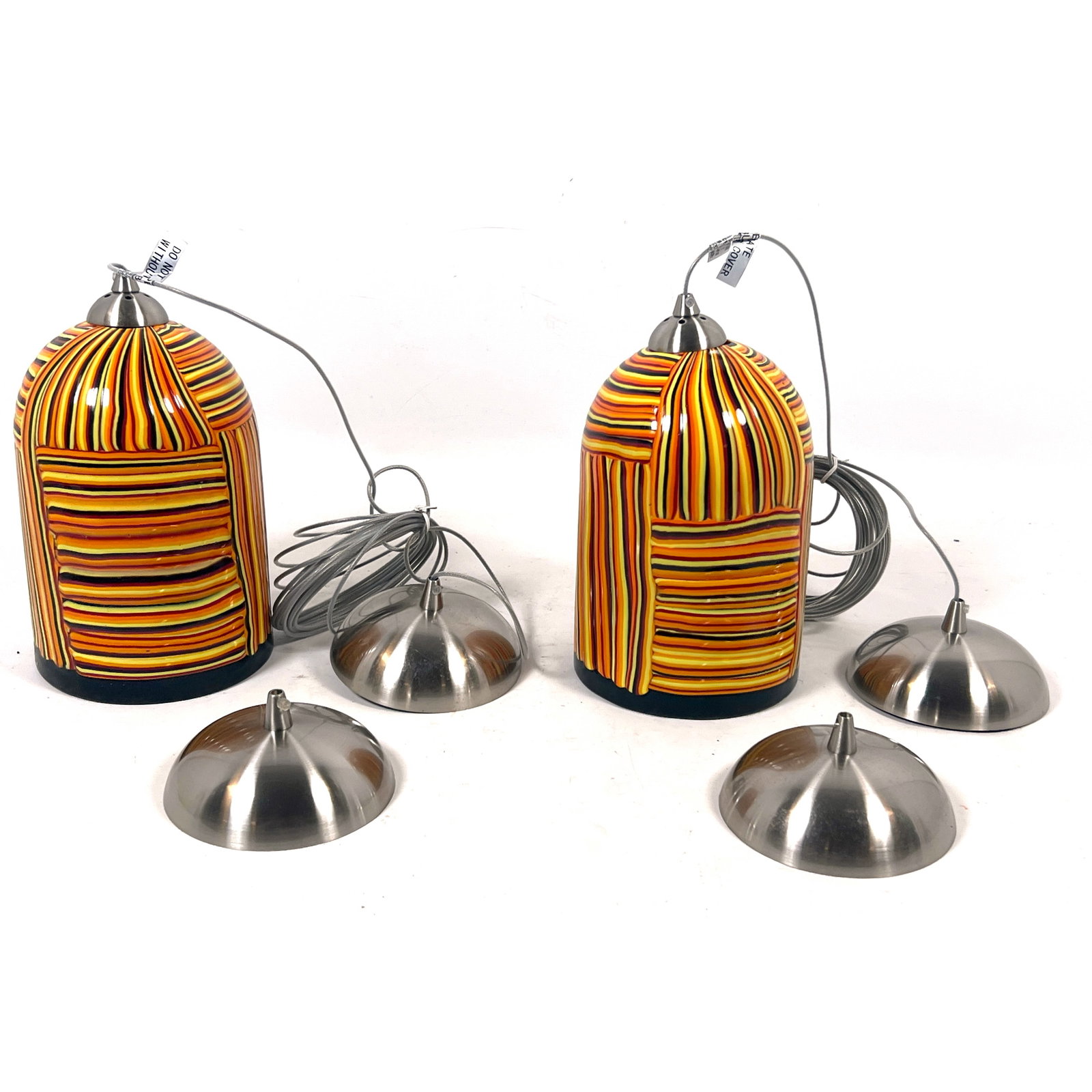 Pair Contemporary Modern Art Glass Pendant Lamps. Hand-blown art glass: Pair Contemporary Modern Art Glass Pendant Lamps. Hand-blown art glass Dimensions: Height: 9 inches, Width: 5.75 inches, Depth: 5.75 inches. --- US Packing and Shipping charge: In house shipping avail