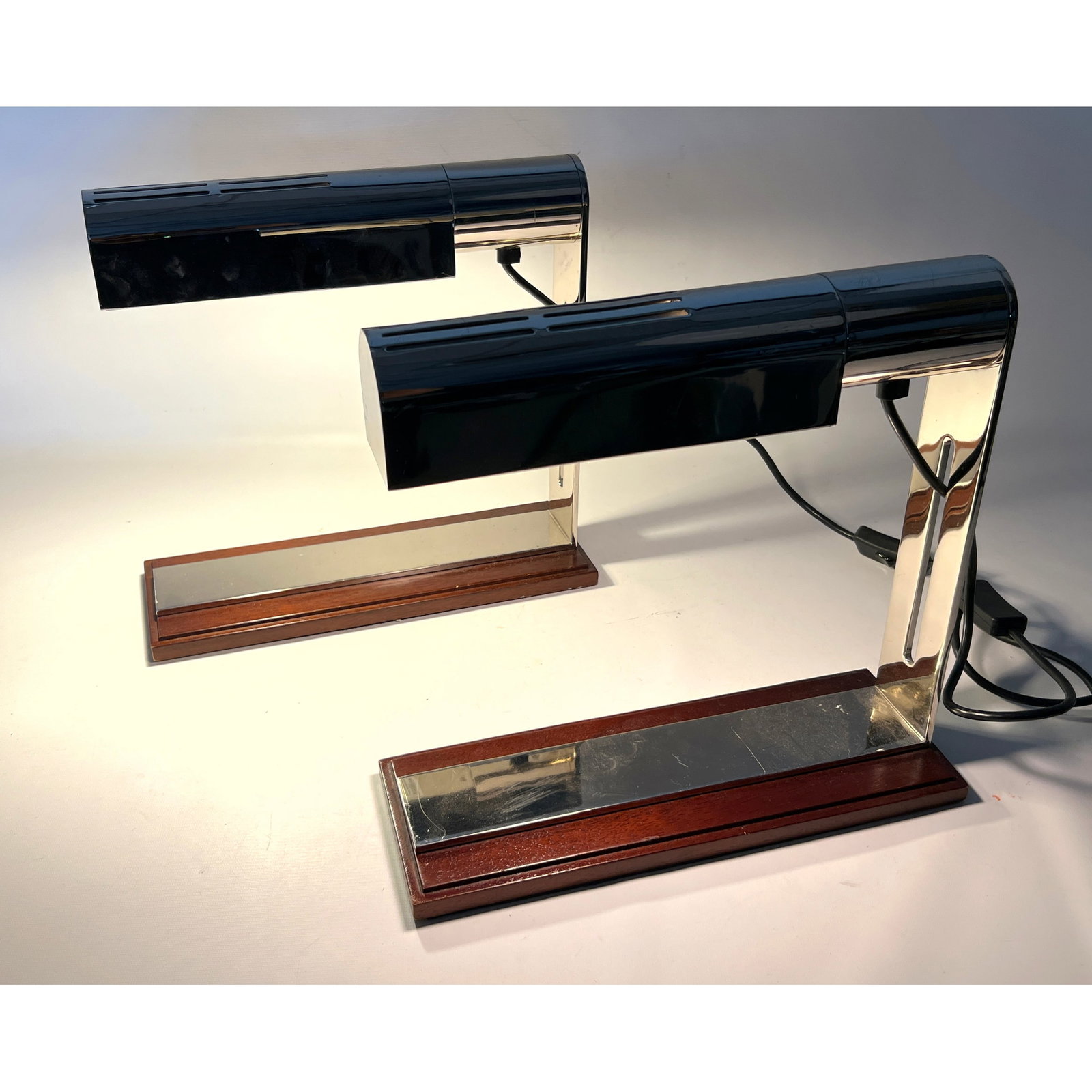 Pair Louis Baldinger Architectural Lighting Desk Lamps. Chrome and Wood. (1 of 14)
