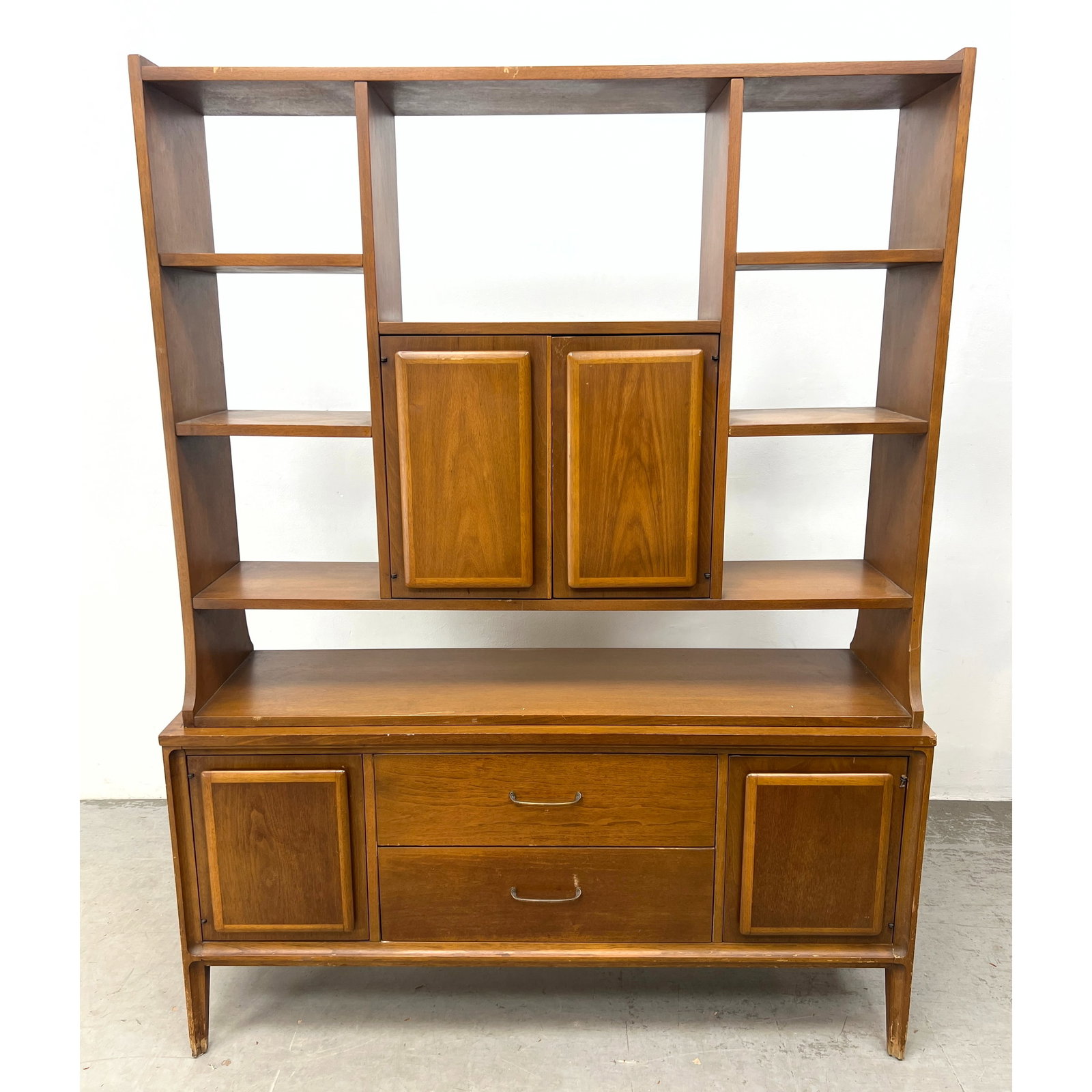 BROYHILL PREMIERE Two part Credenza Hutch. Mid century Modern Walnut. Two Tone Paneled Doors. Fabric (1 of 17)