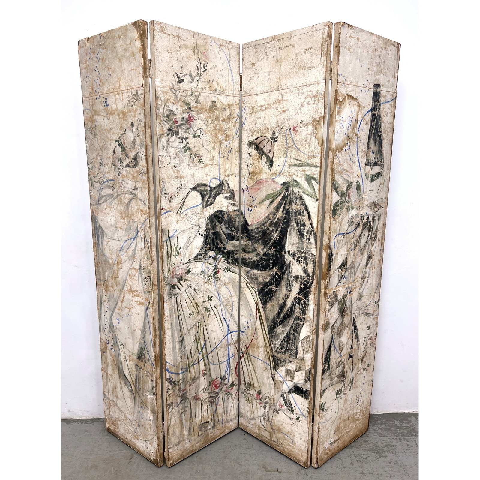 Large four-panel folding floor screen or room divider featuring a hand-painted figurative scene on a (1 of 15)