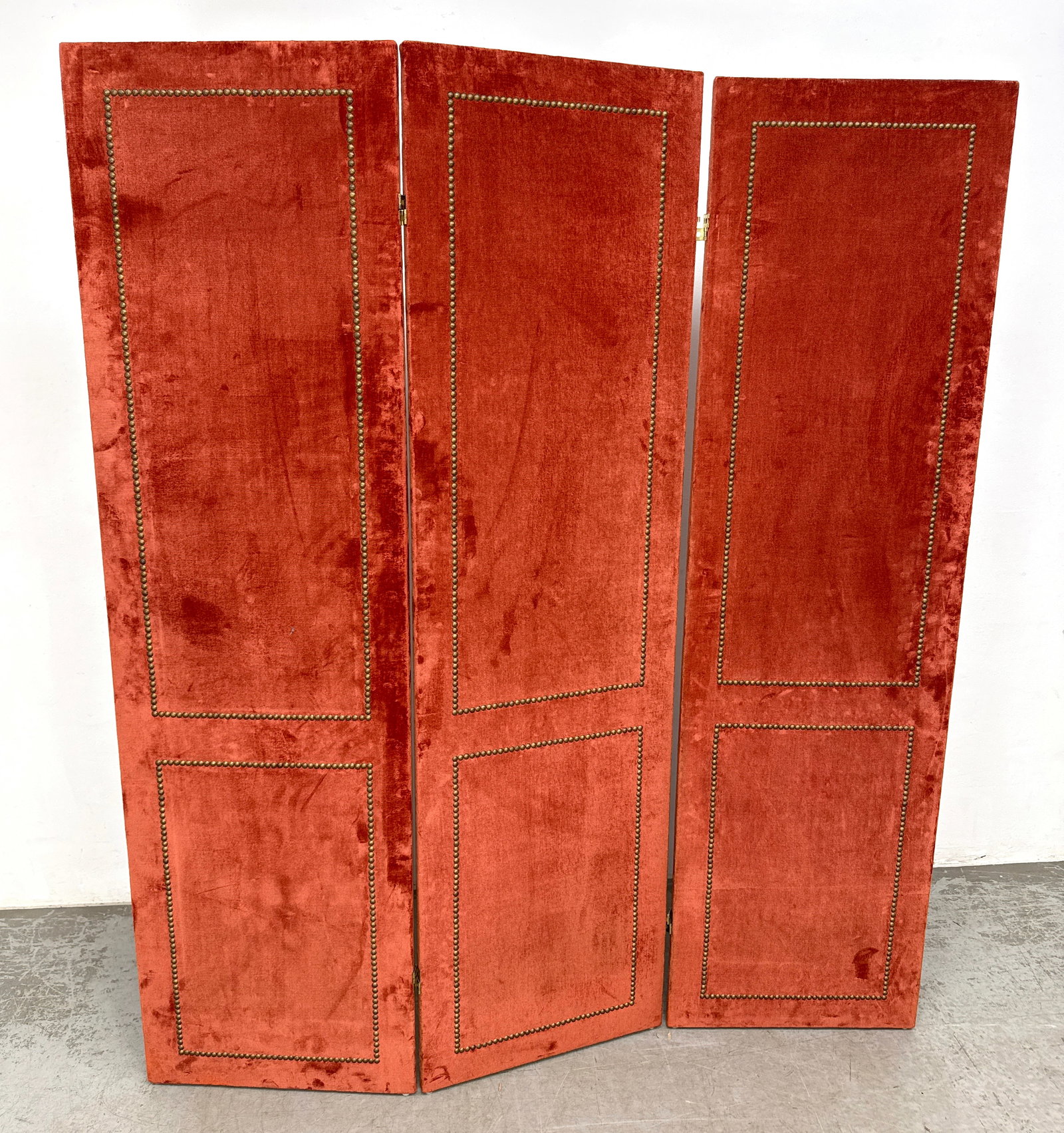 3 Panel folding room divider or dressing screen fully upholstered in a rust-toned plush velvet fabri (1 of 20)