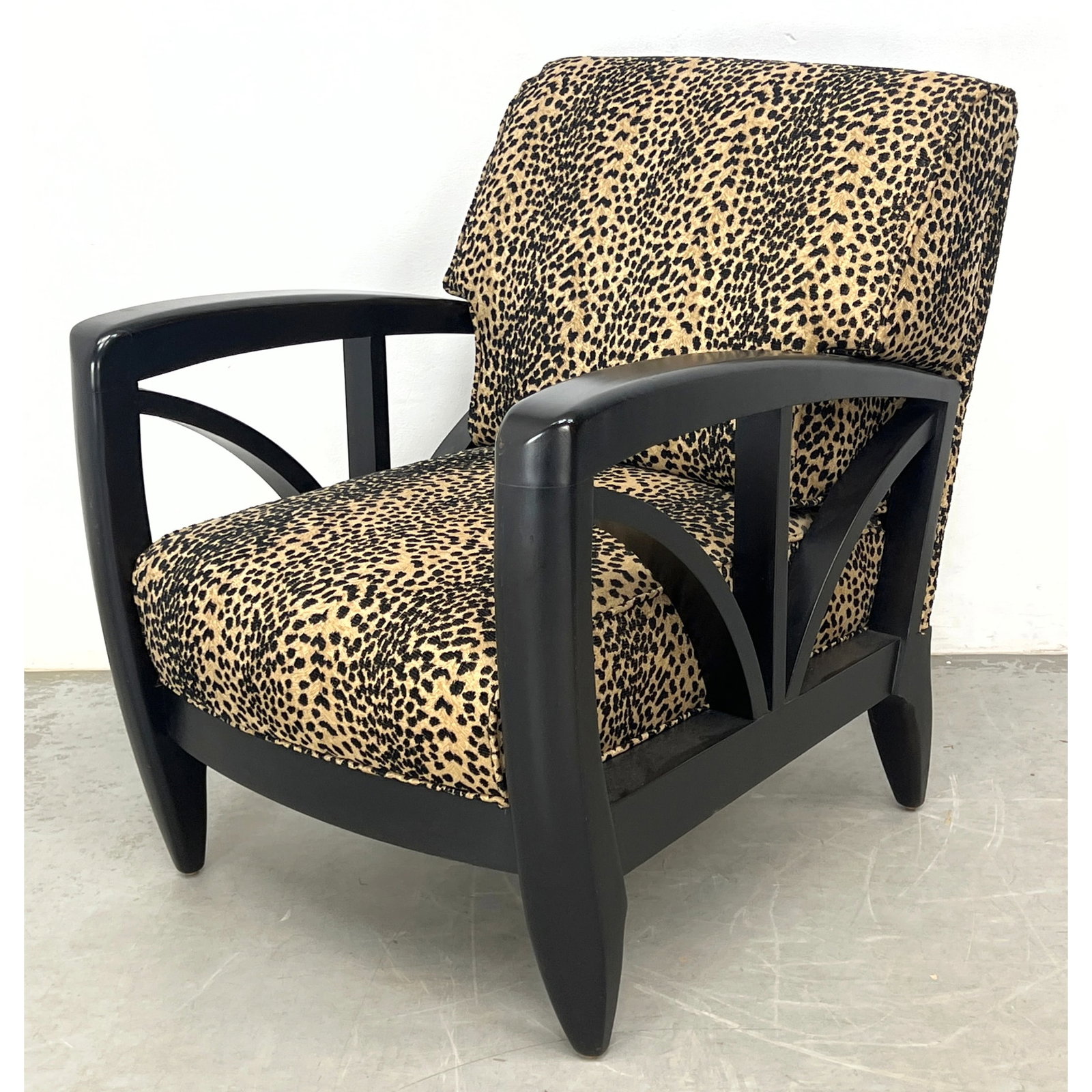 Councill Leopard Upholstered Club Chair. Art Deco Style. Clean Fabric Labeled: Councill Leopard Upholstered Club Chair. Art Deco Style. Clean Fabric Labeled Dimensions: Height: 36 inches, Width: 28 inches, Depth: 34 inches. - Seat Height: 18 inches ---
