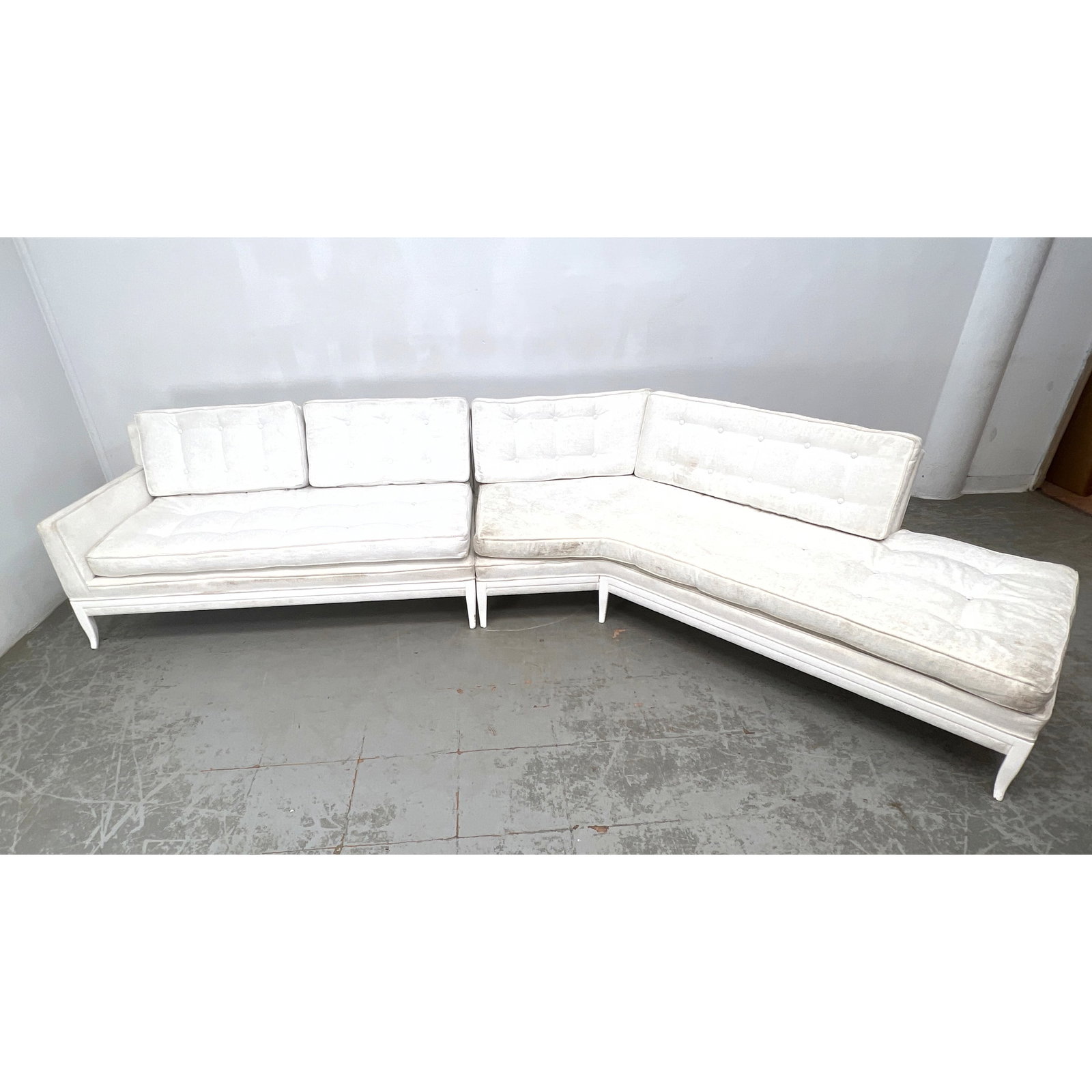 Tommi Parzinger Sectional White Lacquer 2 Section Sofa. 93 length along wall. 65 short length. Unsig (1 of 15)