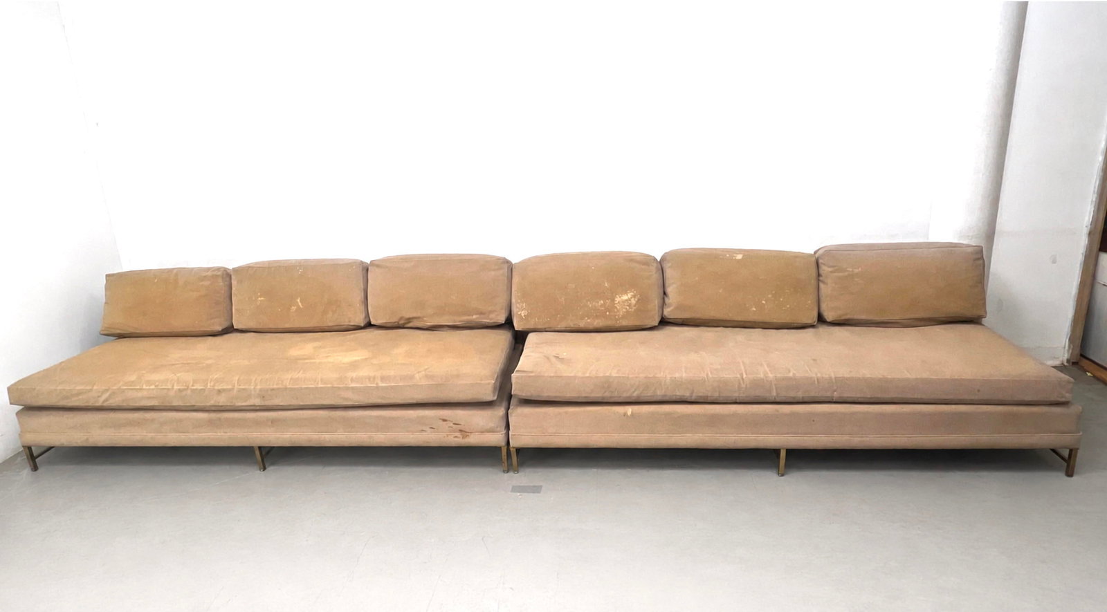 2pcs Paul McCobb style Armless Sofas. Brass bases.: 2pcs Paul McCobb style Armless Sofas. Brass bases. Dimensions: Height: 28 inches, Width: 85 inches, Depth: 32.5 inches. - Seat Height: 17 inches ---