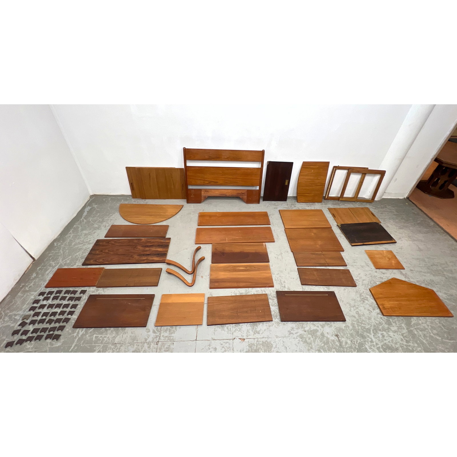 Large Lot Danish Modern Teak and Rosewood Parts. Shelves, chair arms, sliding doors, strap brackets,: Large Lot Danish Modern Teak and Rosewood Parts. Shelves, chair arms, sliding doors, strap brackets, bed, etc. ---