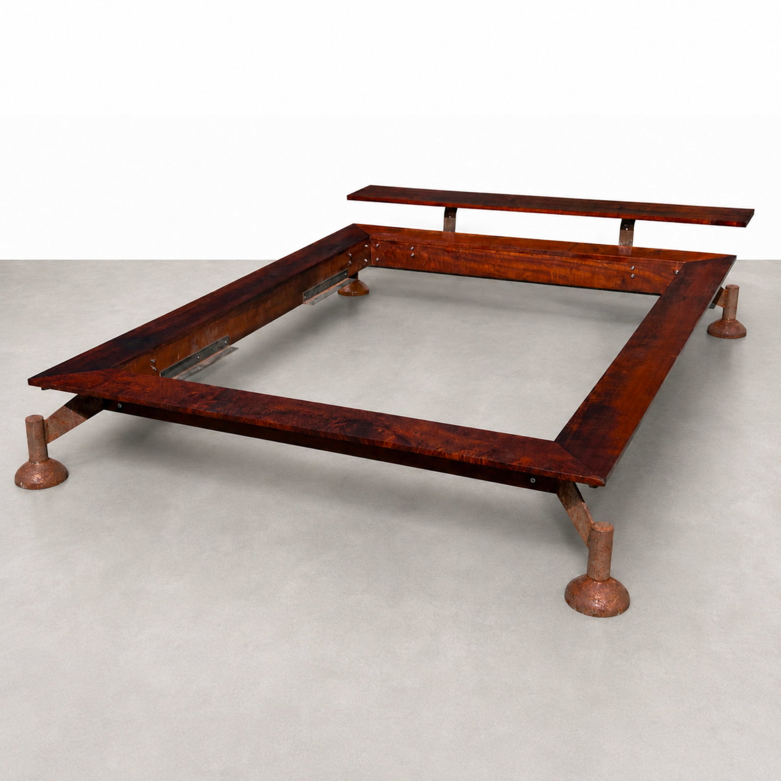 Mid Century South American Custom Made Rosewood and Iron Bed Frame, interior cut out made to fit a q (1 of 13)
