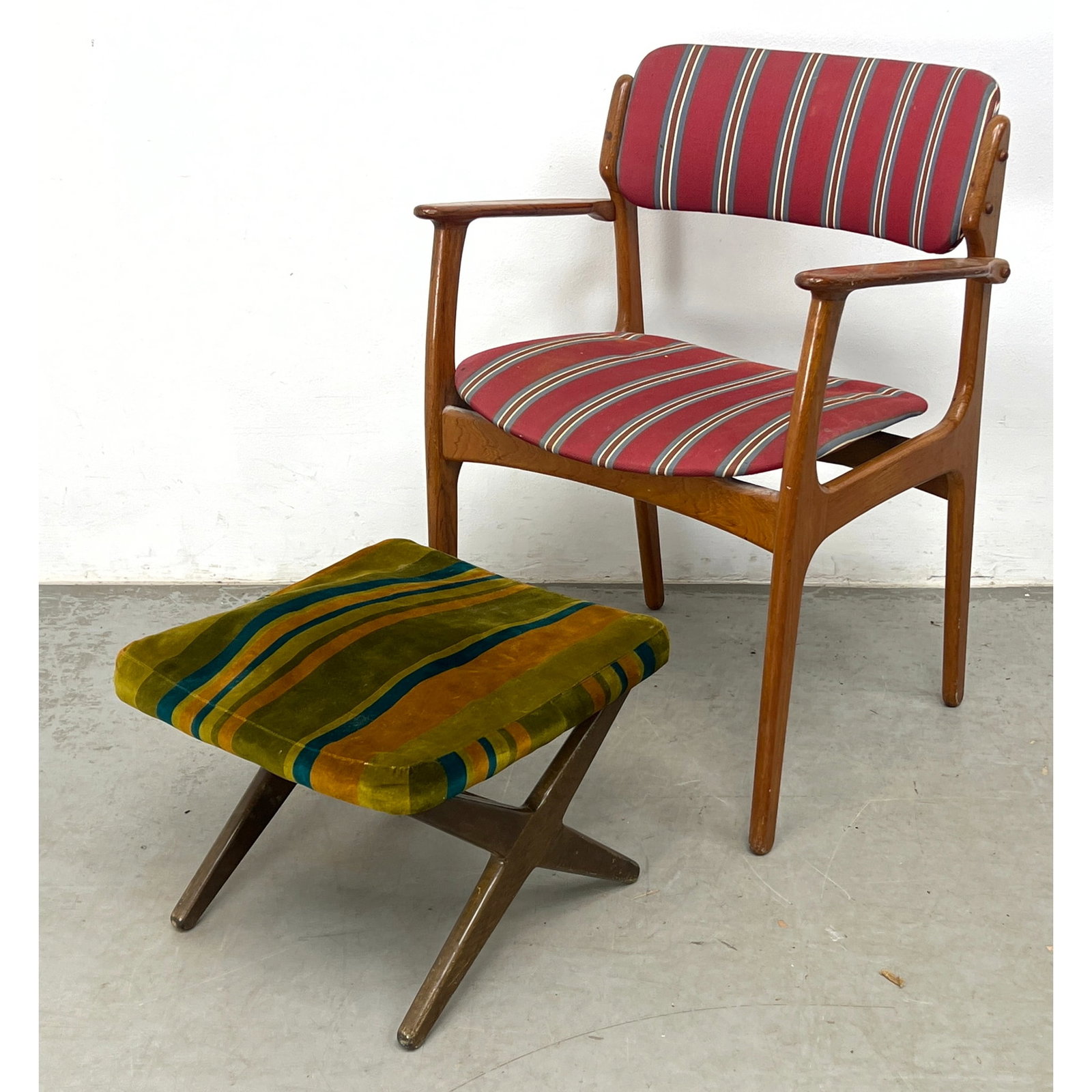 2pcs Mid Century Modern Furniture. Erik Buch armchair and Alf Svensson stool.: 2pcs Mid Century Modern Furniture. Erik Buch armchair and Alf Svensson stool. Dimensions: Height: 31 inches, Width: 24 inches, Depth: 16 inches. - Seat Height: 17 inches - Additional Dimensions: Ottom