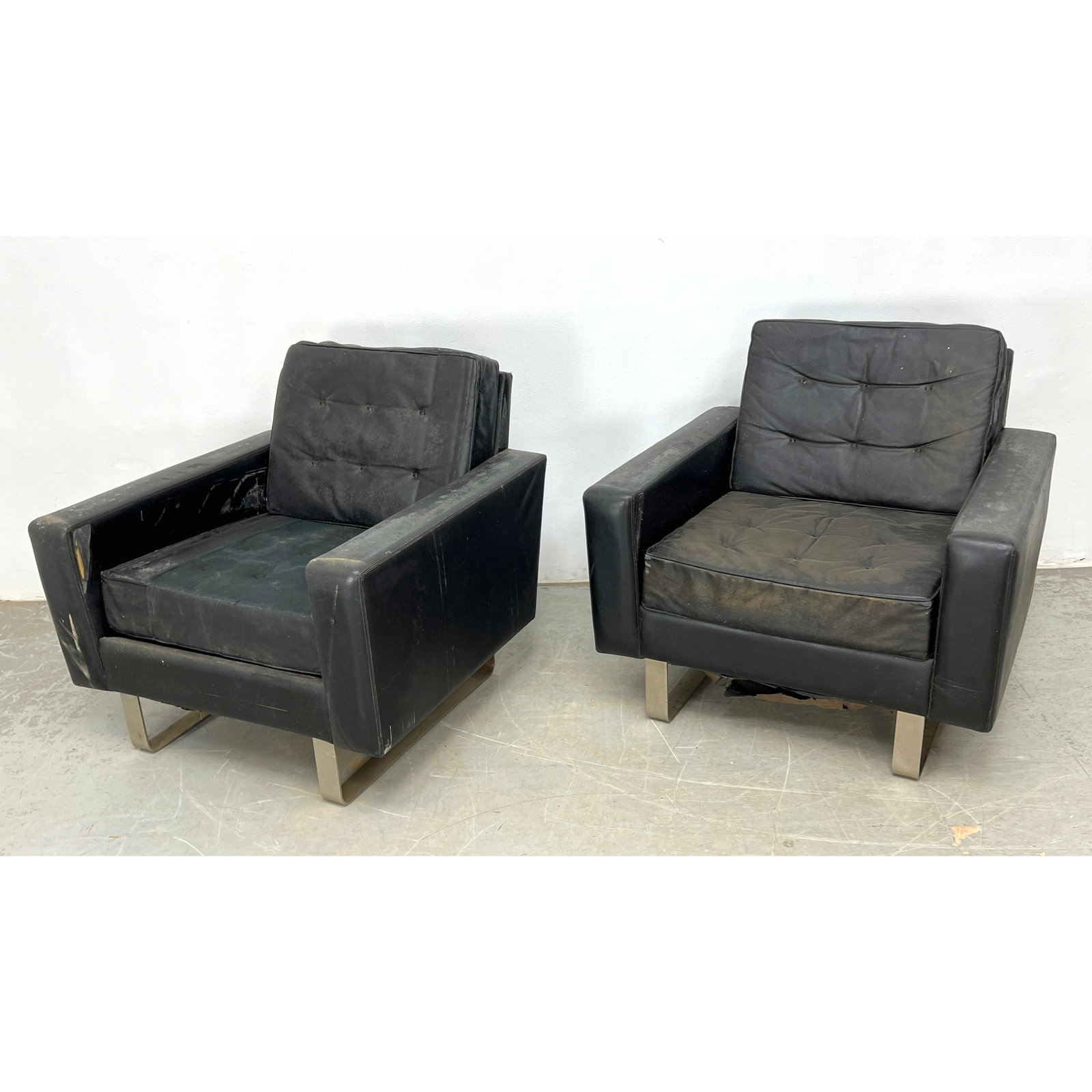 Pair Mid Century Modern Club Lounge Chairs. Steel Sled Base. UP-Mobel (likely Uhl-Profil, Switzerlan (1 of 12)