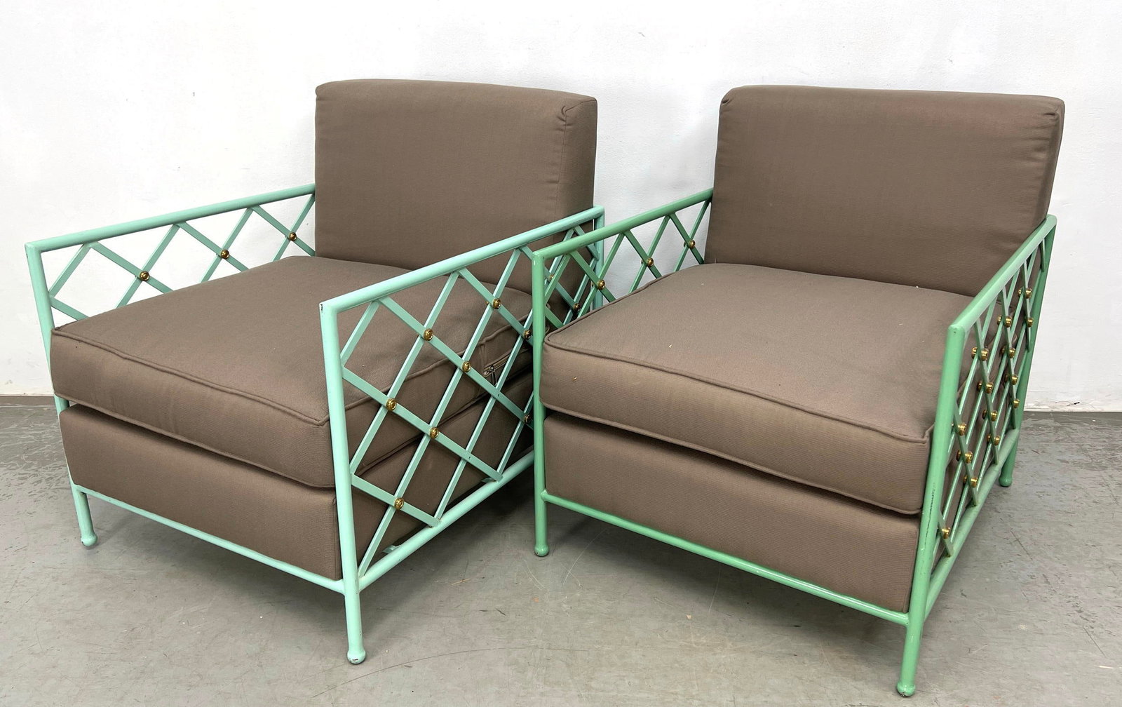 Heavy Iron Eiffel Tower Lounge Chairs after Jean Royere. Gold button highlights.: Heavy Iron Eiffel Tower Lounge Chairs after Jean Royere. Gold button highlights. Dimensions: Height: 32.5 inches, Width: 28 inches, Depth: 33 inches. - Seat Height: 17 inches ---