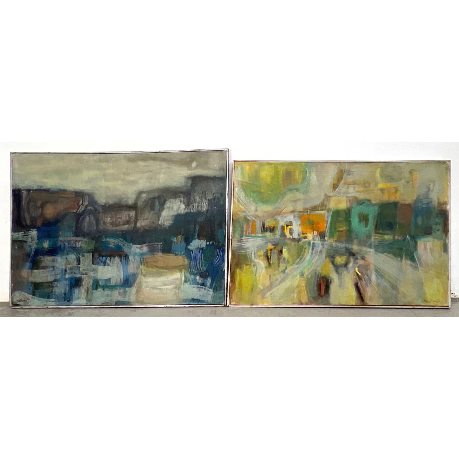 2pcs Carol Suchinsky Abstract Modern Paintings on Canvas. Marsh and Rocks.: 2pcs Carol Suchinsky Abstract Modern Paintings on Canvas. Marsh and Rocks. Dimensions: Height: 28.5 inches, Width: 40.75 inches. ---