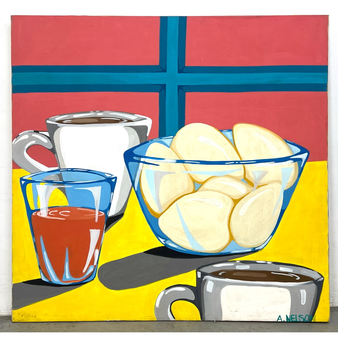 A. Nelson large-scale contemporary still-life painting, executed in acrylic on canvas, features a gr: A. Nelson large-scale contemporary still-life painting, executed in acrylic on canvas, features a graphic composition of breakfast Dimensions: Height: 47 inches, Width: 48 inches. ---