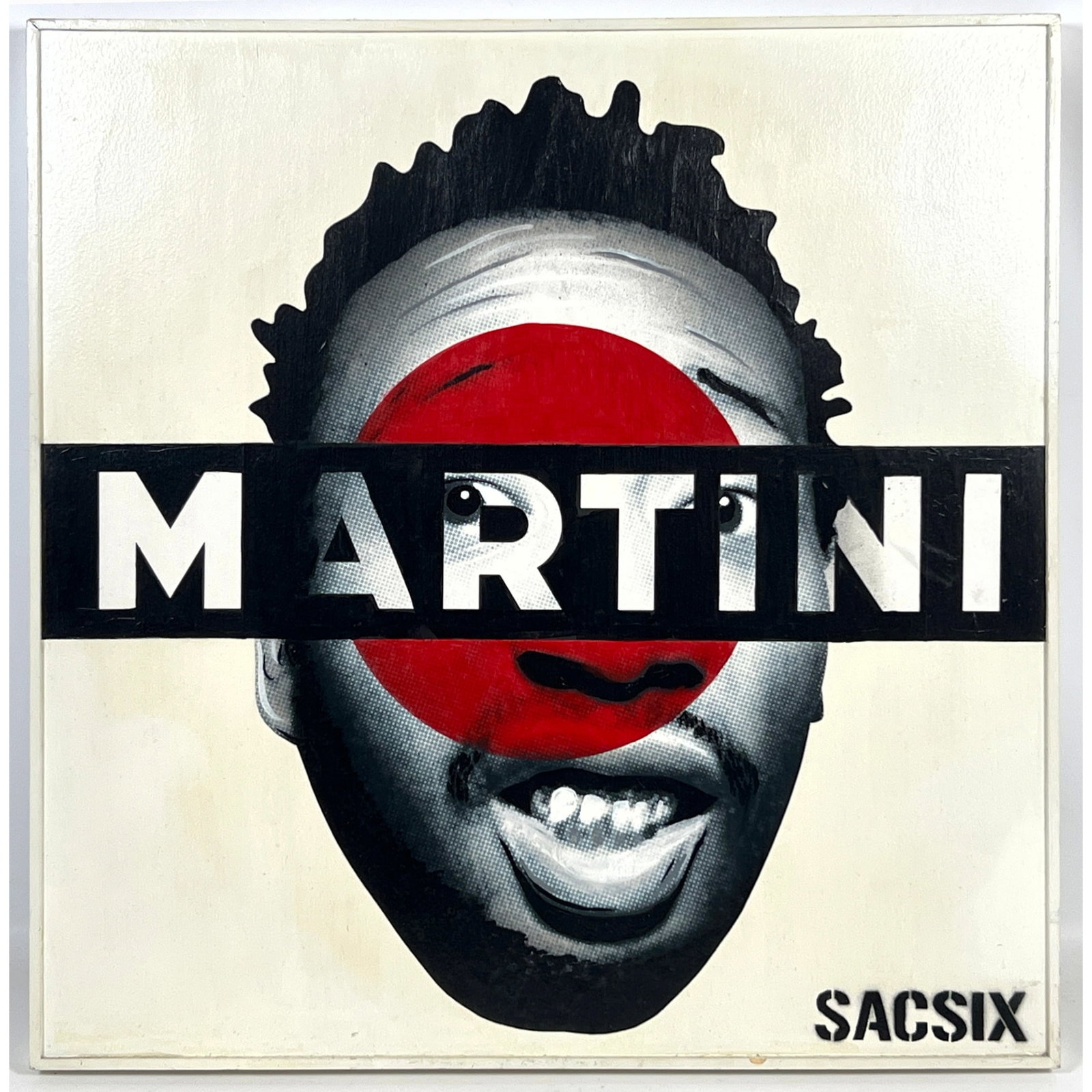 Contemporary street art work by the artist SacSix, titled Dirty Martini. The piece is an original ha: Contemporary street art work by the artist SacSix, titled Dirty Martini. The piece is an original hand-painted wheatpaste application on a wood panel Dimensions: Height: 24 inches, Width: 24 inches. -