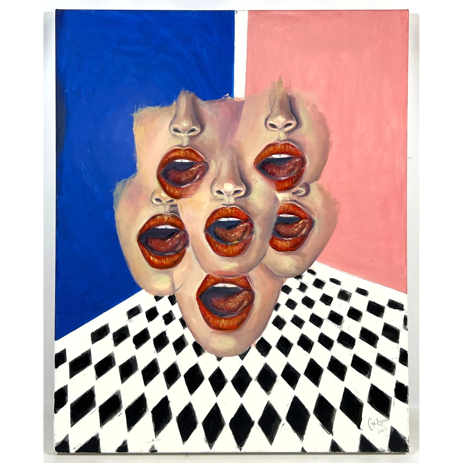 Cat Logan 2021 Contemporary surrealist painting, executed in acrylic on canvas, features a central c: Cat Logan 2021 Contemporary surrealist painting, executed in acrylic on canvas, features a central cluster of overlapping facial features including multiple noses and open mouths with protruding tongu
