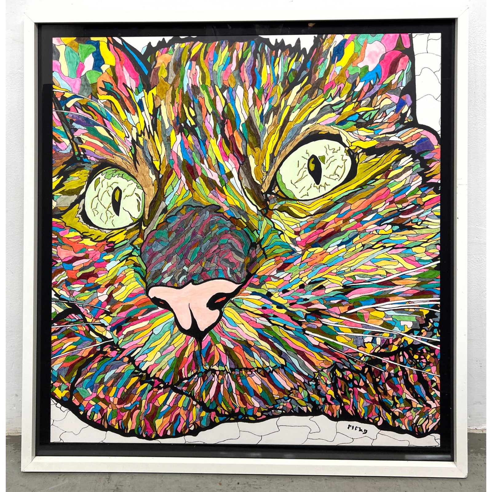Ricky large-scale mixed media work on paper features a stylized, psychedelic close-up of a cat's fac: Ricky large-scale mixed media work on paper features a stylized, psychedelic close-up of a cat's face, based on the Diligence design popularized by artist Dean Russo. Dimensions: Height: 44.25 inches,