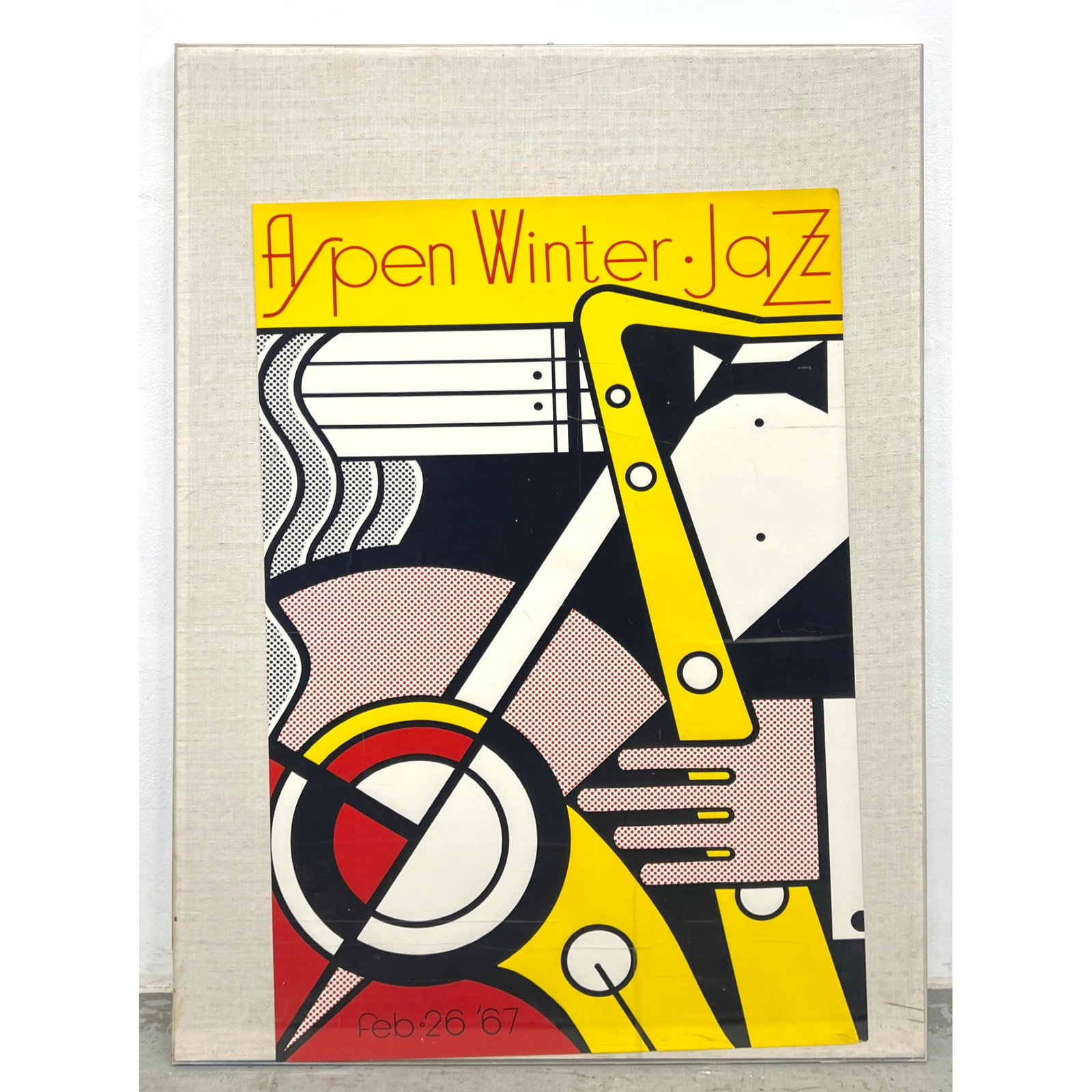 ROY LICHTENSTEIN "Aspen Winter Jazz" Fest Poster. February 1967. Colorful Graphic Pop Art Image. Luc: ROY LICHTENSTEIN "Aspen Winter Jazz" Fest Poster. February 1967. Colorful Graphic Pop Art Image. Lucite Case Frame. Dimensions: Frame Height: 48 inches, Frame Width: 33 inches. - Image Size: Image