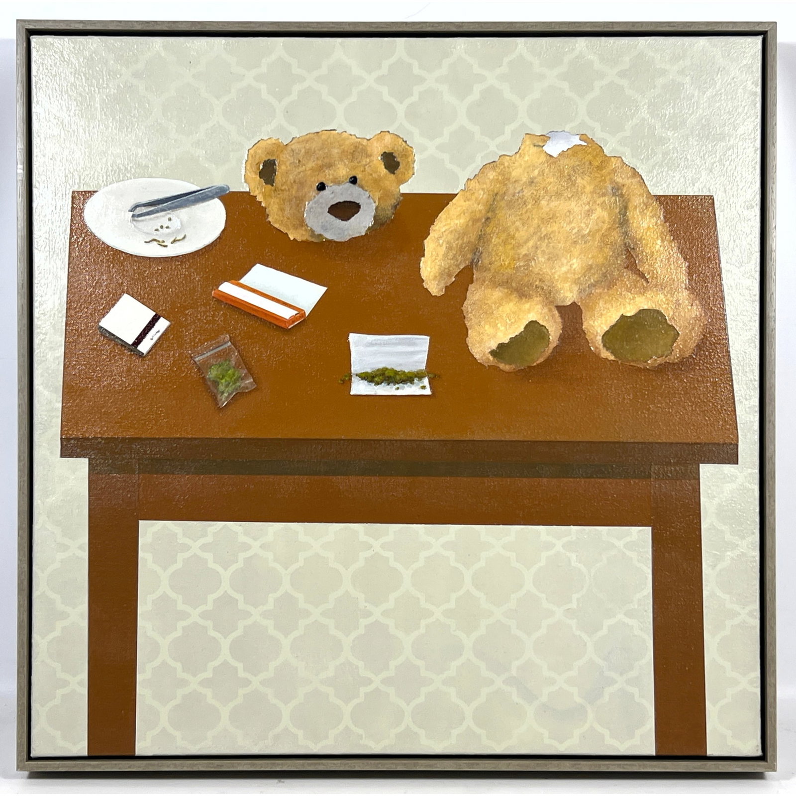 Gabe Langholtz Contemporary Still Life Painting. Disassembled teddy bear, with the head and body sep: Gabe Langholtz Contemporary Still Life Painting. Disassembled teddy bear, with the head and body separated, arranged on a brown table alongside various drug-related items including a small plastic