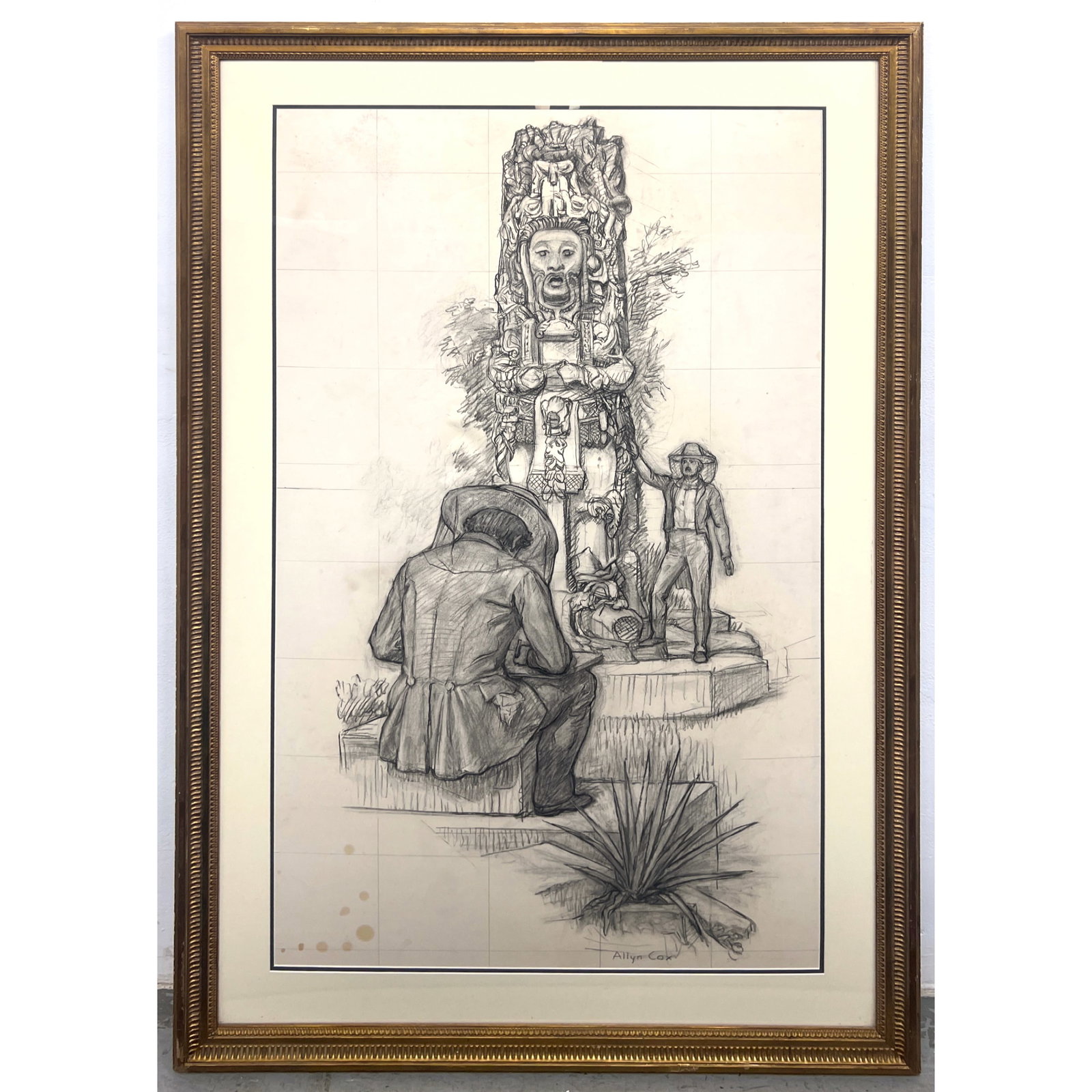 Allyn Cox Pencil Drawing Stone Idol at Copan Yucaton. Signed. Labeled on reverse.: Allyn Cox Pencil Drawing Stone Idol at Copan Yucaton. Signed. Labeled on reverse. Dimensions: Frame Height: 63 inches, Frame Width: 40 inches. - Image Size: Image Height: 52.5 inches, Image Width: