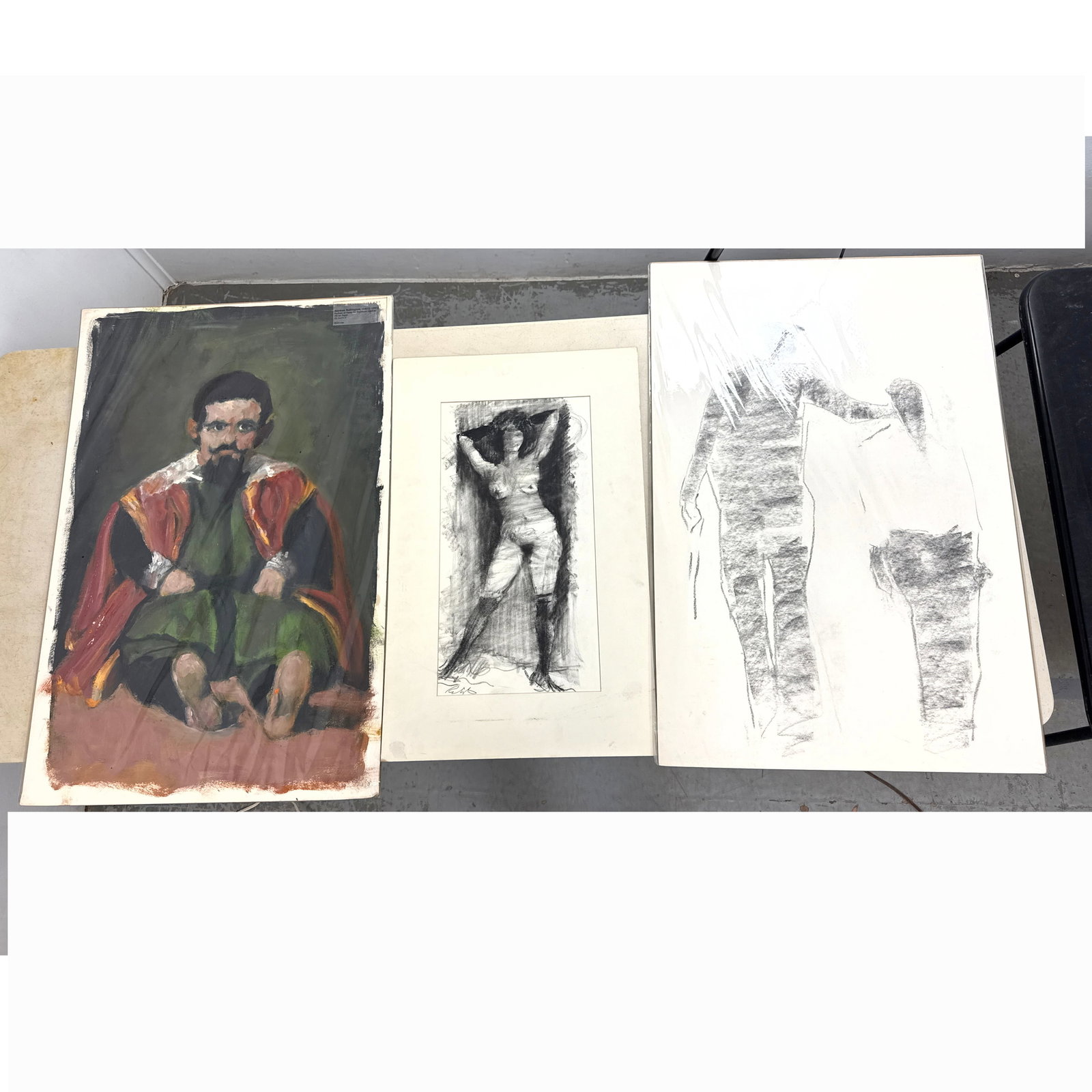 3pcs Works on paper by American artist Norman Rubington. Oil on paper of Toulouse Lautrec. Charcoal (1 of 12)
