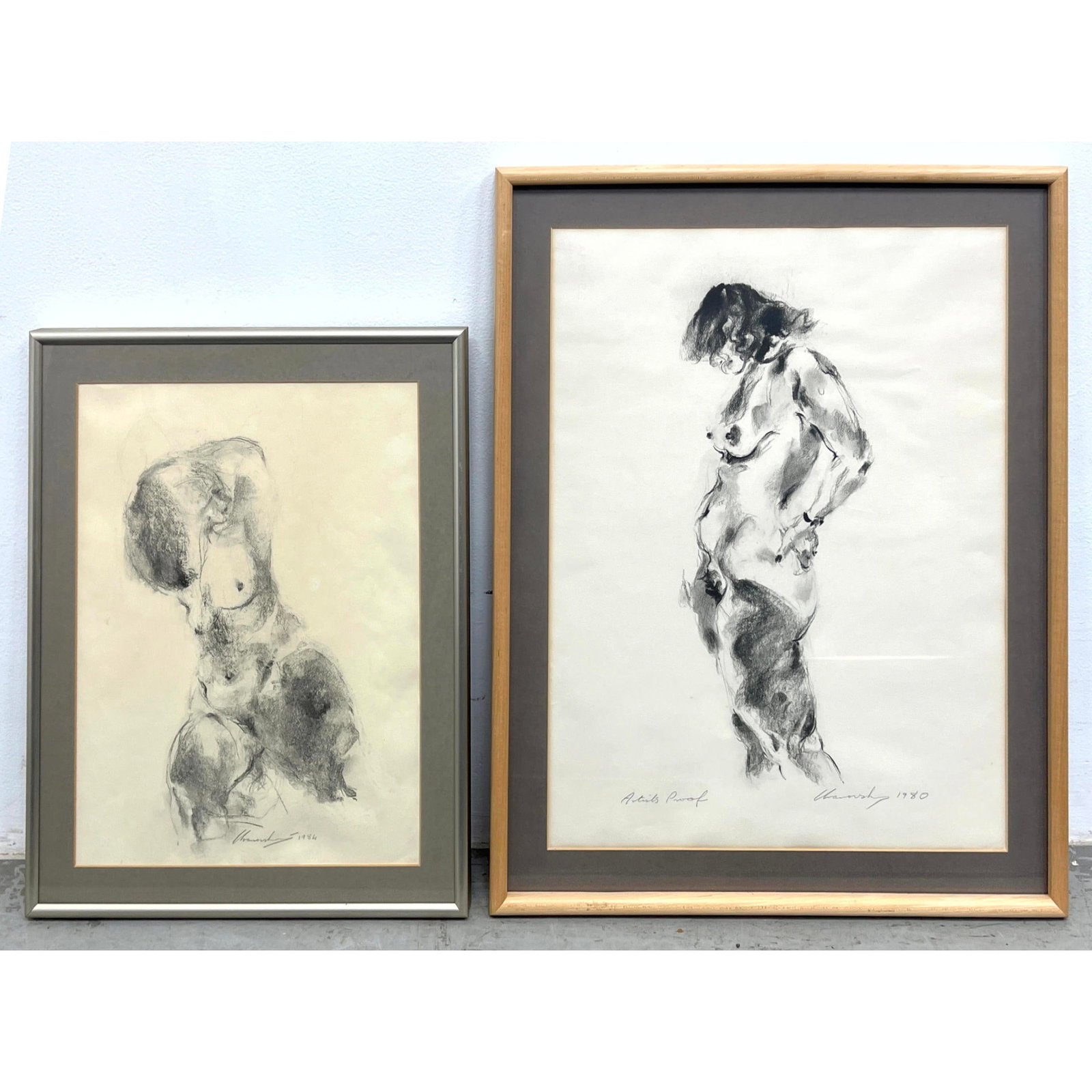 2pcs Figural Nudes. 1984 Drawing and A980 Lithograph.: 2pcs Figural Nudes. 1984 Drawing and A980 Lithograph. Dimensions: Frame Height: 30 inches, Frame Width: 24.25 inches. - Image Size: Image Height: 25.5 inches, Image Width: 19.5 inches. - Additional