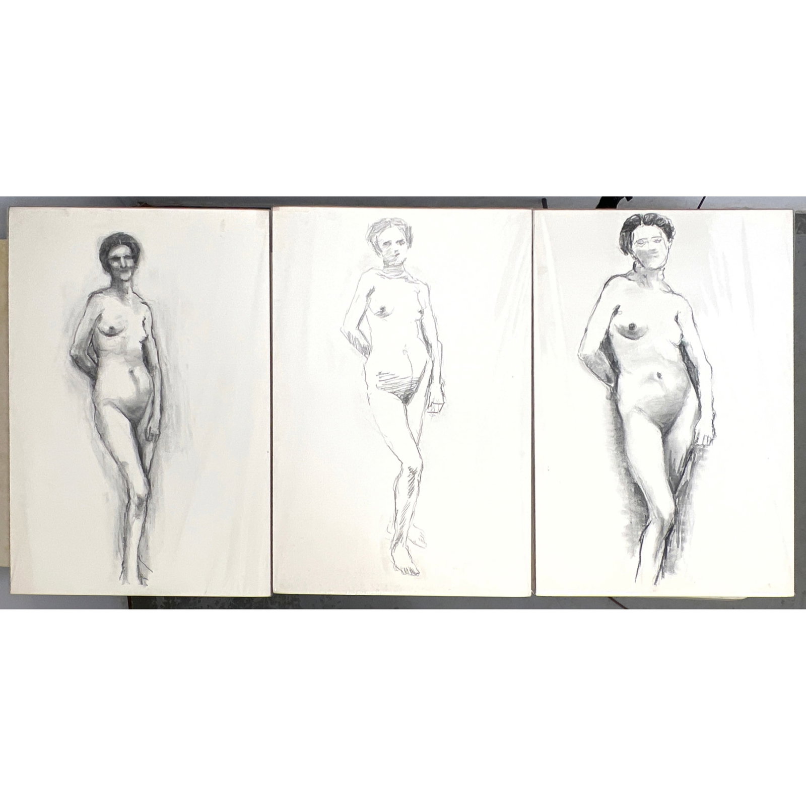 3pcs NORMAN RUBINGTON Nude study Drawings. Unsigned.: 3pcs NORMAN RUBINGTON Nude study Drawings. Unsigned. Dimensions: Height: 35.5 inches, Width: 23 inches. --- US Packing and Shipping charge: In house shipping available. Will be calculated once