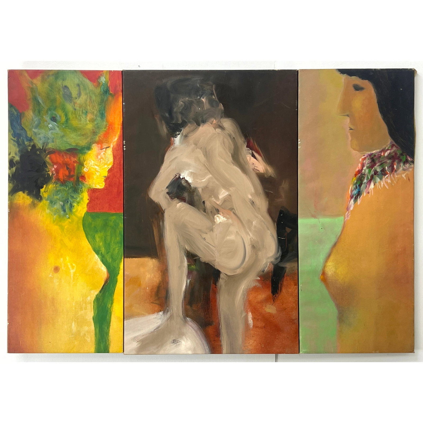 Large Norman Rubington Impressionist Painting on Canvas. Triptych Nude Figure Study. Unsigned. (1 of 9)