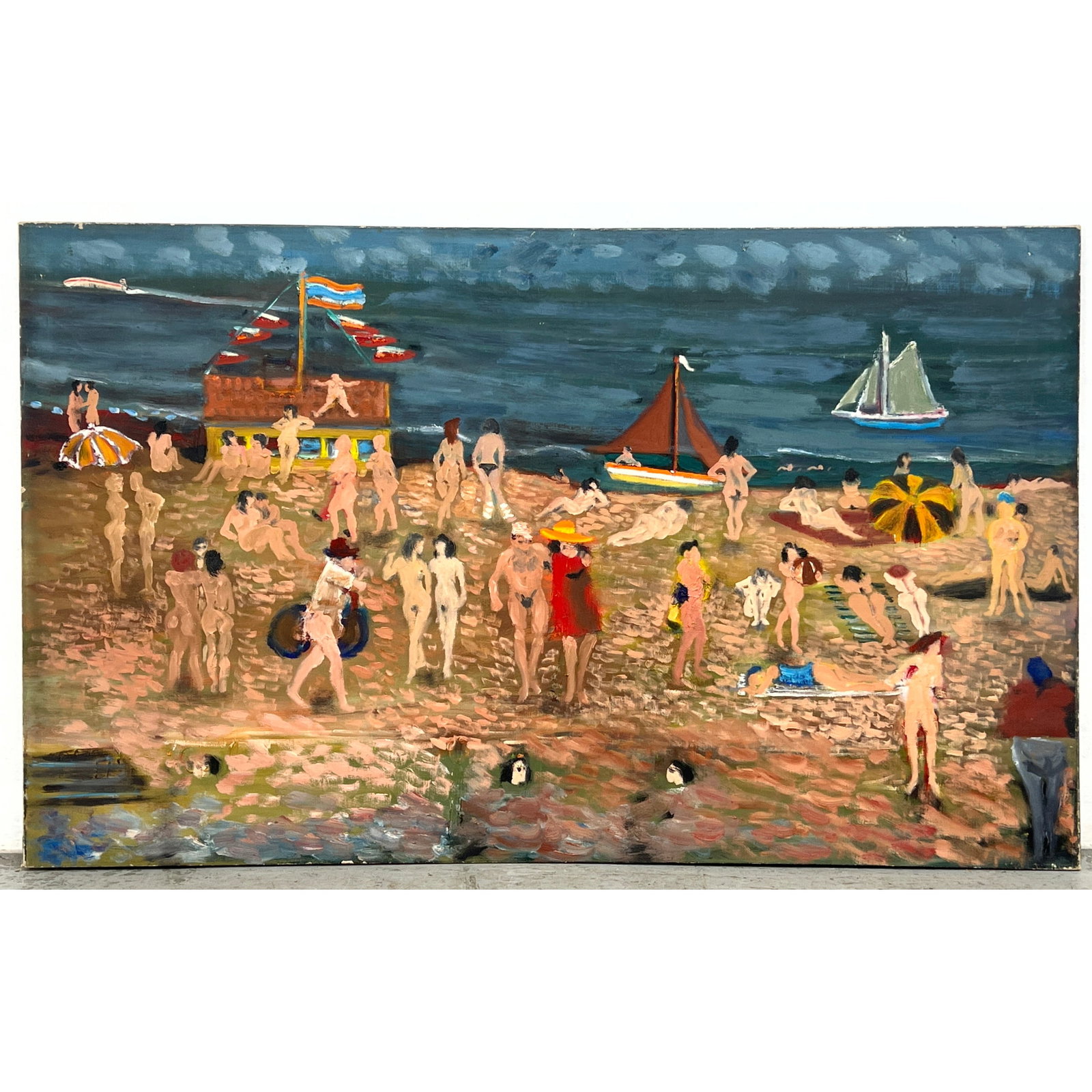 Large Norman Rubington 1962 Impressionist Painting on Canvas. Nude Beach Scene. Unsigned.: Large Norman Rubington 1962 Impressionist Painting on Canvas. Nude Beach Scene. Unsigned. Dimensions: Height: 33 inches, Width: 54 inches. ---