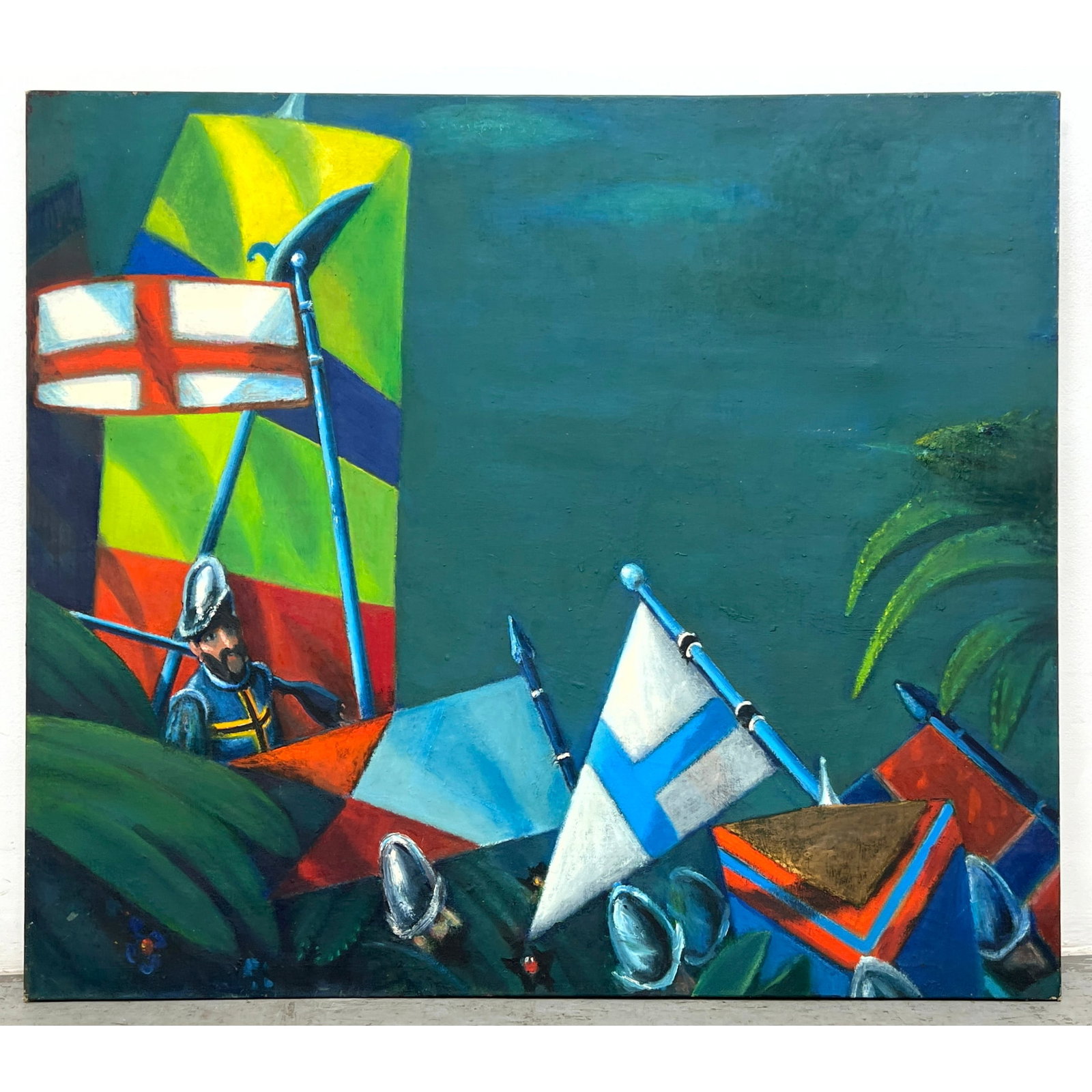 Large Norman Rubington Modernist Painting on Canvas. Conquistadors. Unsigned.: Large Norman Rubington Modernist Painting on Canvas. Conquistadors. Unsigned. Dimensions: Height: 43.5 inches, Width: 50 inches. ---
