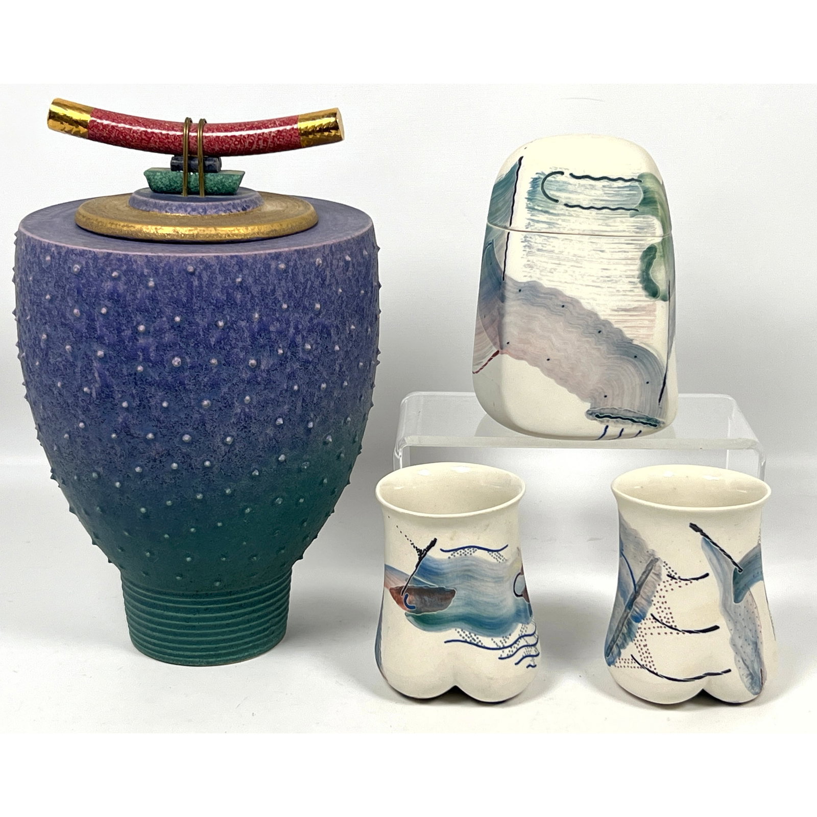 4pc Pottery Lot. Lidded vessel with nib design, 3 pcs signed decorated porcelain. (1 of 18)