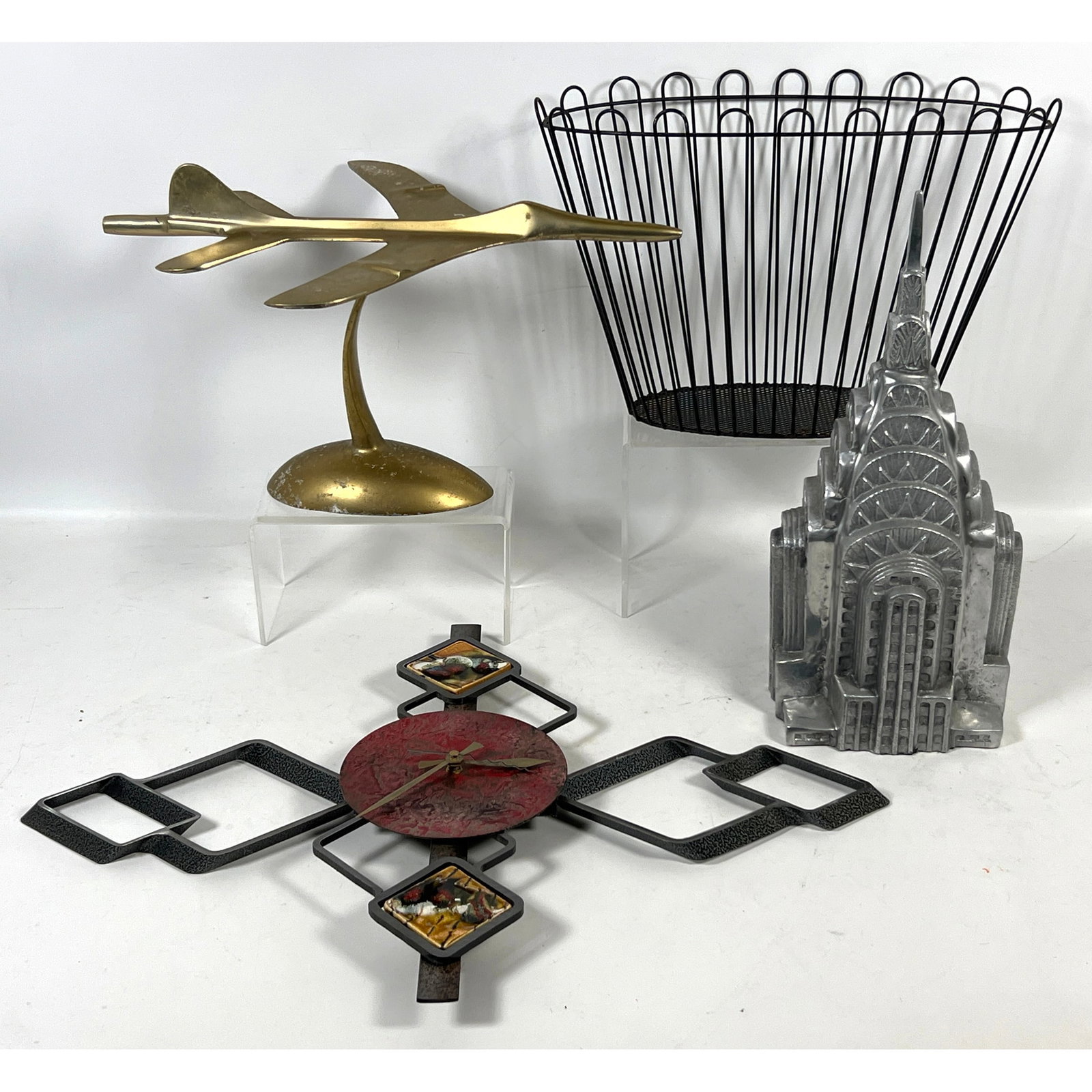 4pcs Mid Century Modern Metal Objects. Royere Style Magazine Holder, Marc Creates Enamel Metal Sculp (1 of 16)