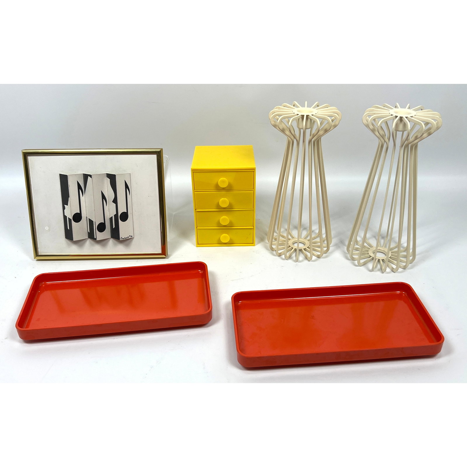 Mid Century Modern Lot. Pair Ikea Wire Candlestick Holders, 2 Heller Mod Orange Plastic Trays, 60s M: Mid Century Modern Lot. Pair Ikea Wire Candlestick Holders, 2 Heller Mod Orange Plastic Trays, 60s Miniature Yellow Plastic Drawers, Small Abstract Black and White Piano Painting, Signed Bechdolt 92 D